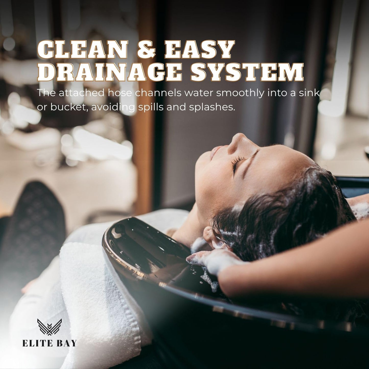 Black ELITE BAY Hairwashing Sink – Engineerd for Comfort,Salon,barber and beauty studios .Built with durability,ergonomics and modren aesthetics in mind. Adjustable (92–130cm) heavy duty stand and basin.