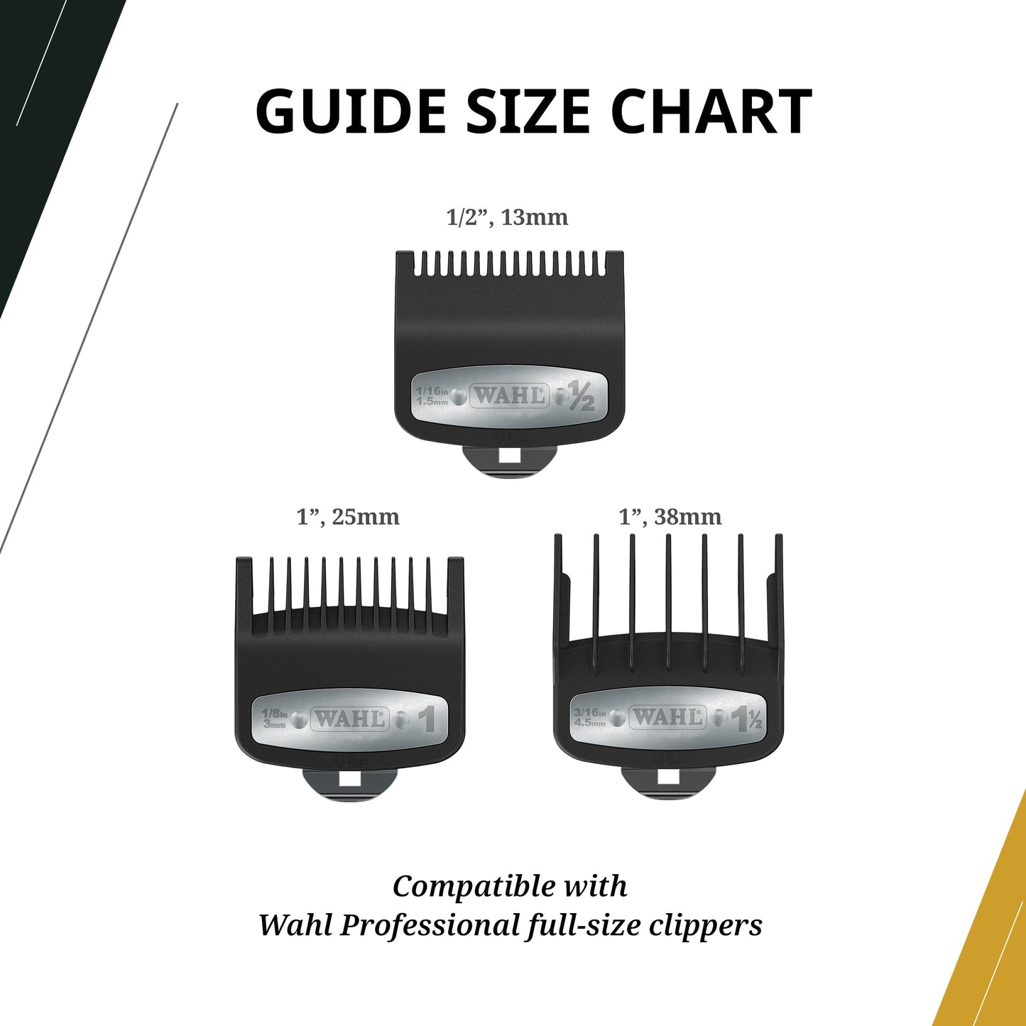 White Smoke Wahl Professional 3 Pack Premium Attachments, Secure-Fit Clipper Comb Set, Durable, Includes 1/2", 1", and 1 1/2" Sizes