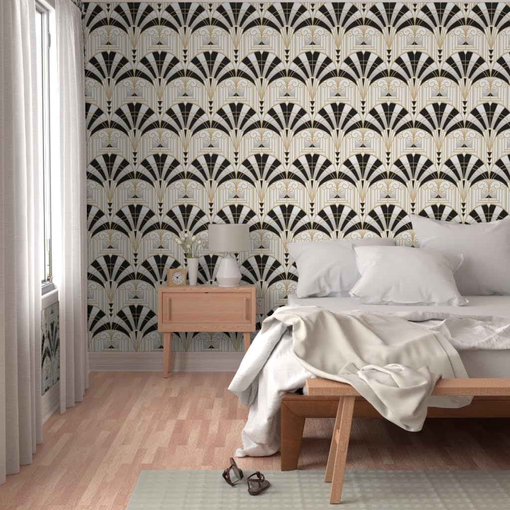 Dark Gray Spoonflower Peel & Stick Wallpaper 3ft x 2ft - Art Deco Alcove Black White Gold Fan Architecture 1920s Custom Removable Wallpaper