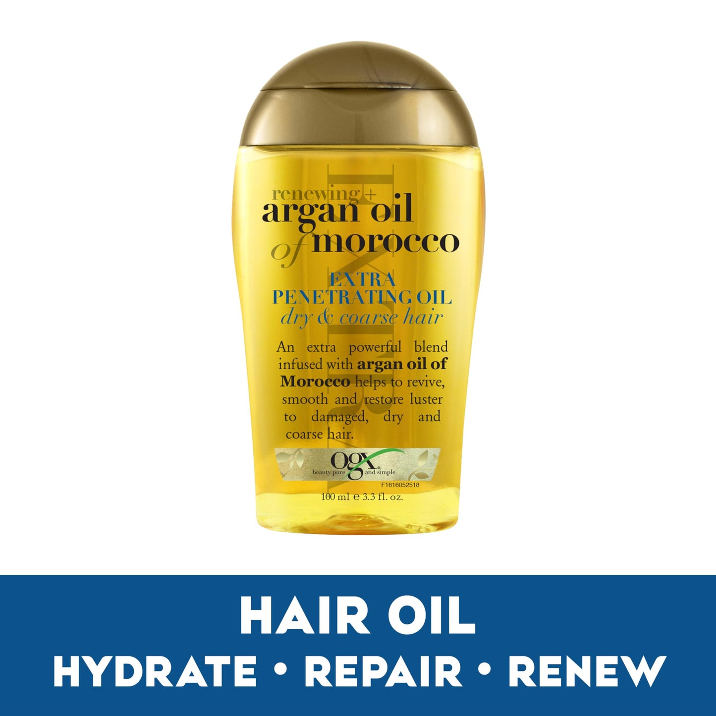 White Smoke OGX Renewing + Argan Oil of Morocco Hair Oil, Extra Strength Penetrating Serum Treatment for Dry, Damaged, Frizzy, Curly & Coarse Hair, Cold-Pressed Argan Oil, Shine, 3.3 Fl Oz
