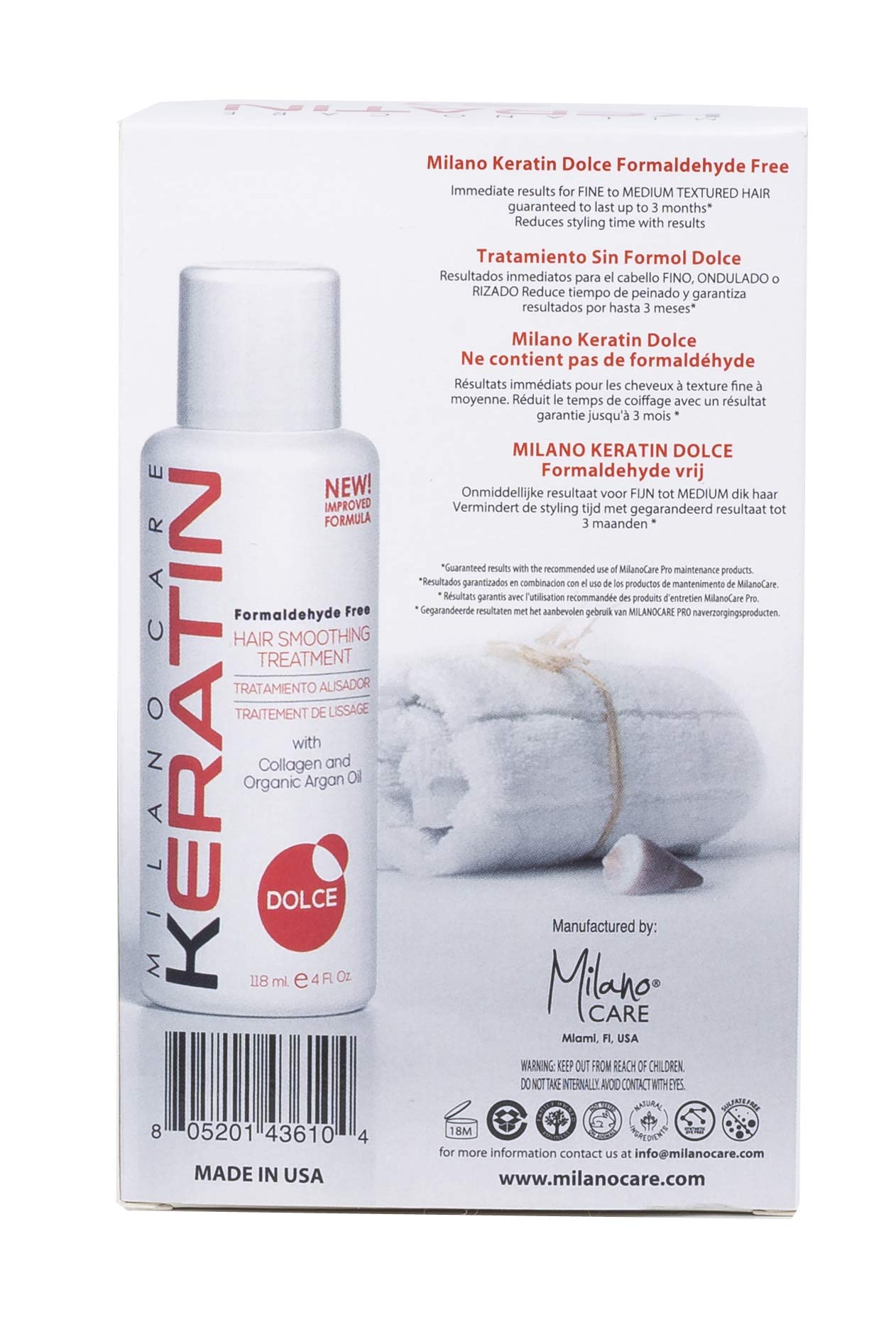 Light Gray Milano Care Keratin Hair Smoothing Treatment - Professional Salon System with Clarifying Shampoo, Dolce 4 fl oz