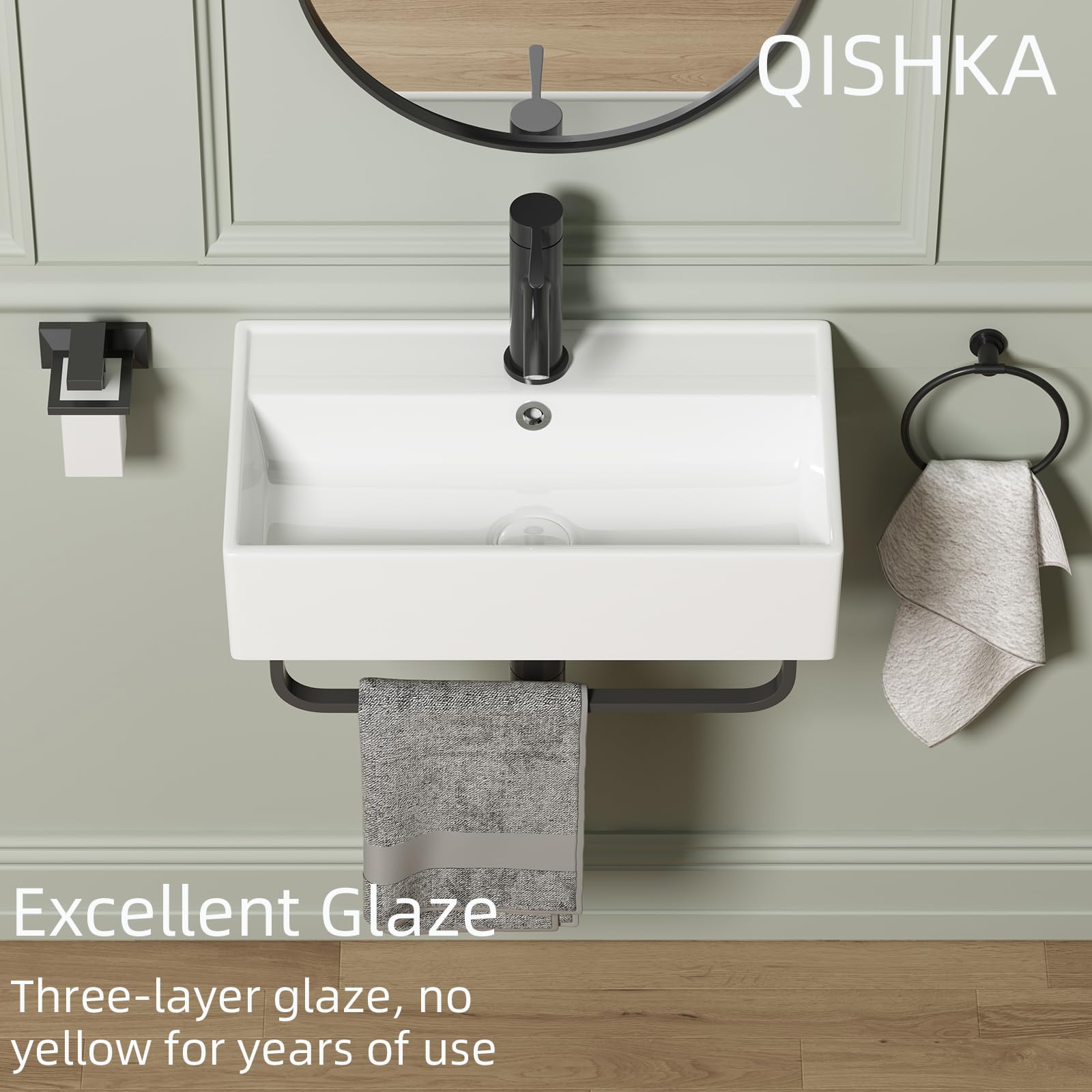 Dark Gray Wall Mount Rectangular Vessel Sink with Towel Rack, QISHKA 21.5"x12.5" Modern Ceramic Bathroom Floating Sink, White Rectangle Vanity Sink with Overflow, Wall Hung Wash Hand Basin