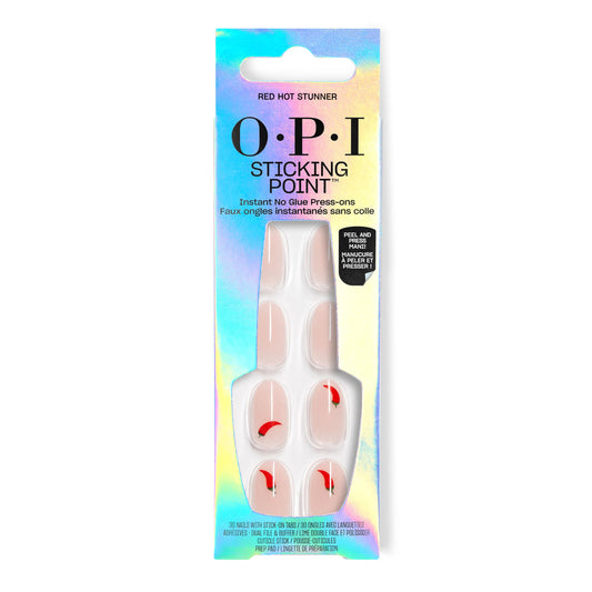Light Gray OPI Sticking Point Red Hot Stunner | Short Round Opaque Warm Neutral with Chili Pepper Nail Art Instant No Glue Press On Nails | 30 Count with Adhesive Tabs | Damage-Free Wear | Spring 2026