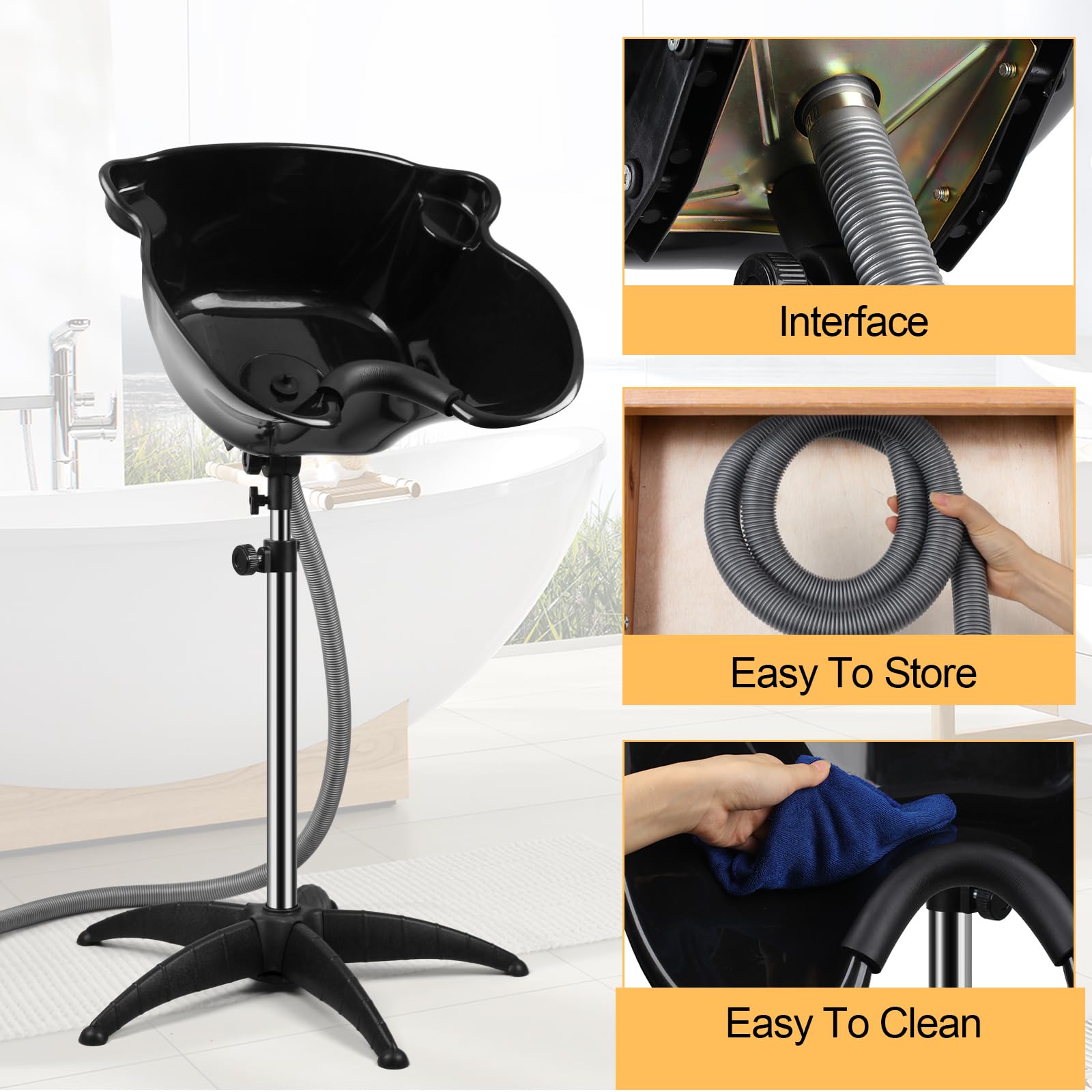 Lavender Portable Shampoo Bowl, 270 Degree Rotation of Hair Washing Basin, Height Adjustable Salon Sink with Drain Hoses for Home Salon Use (Black)
