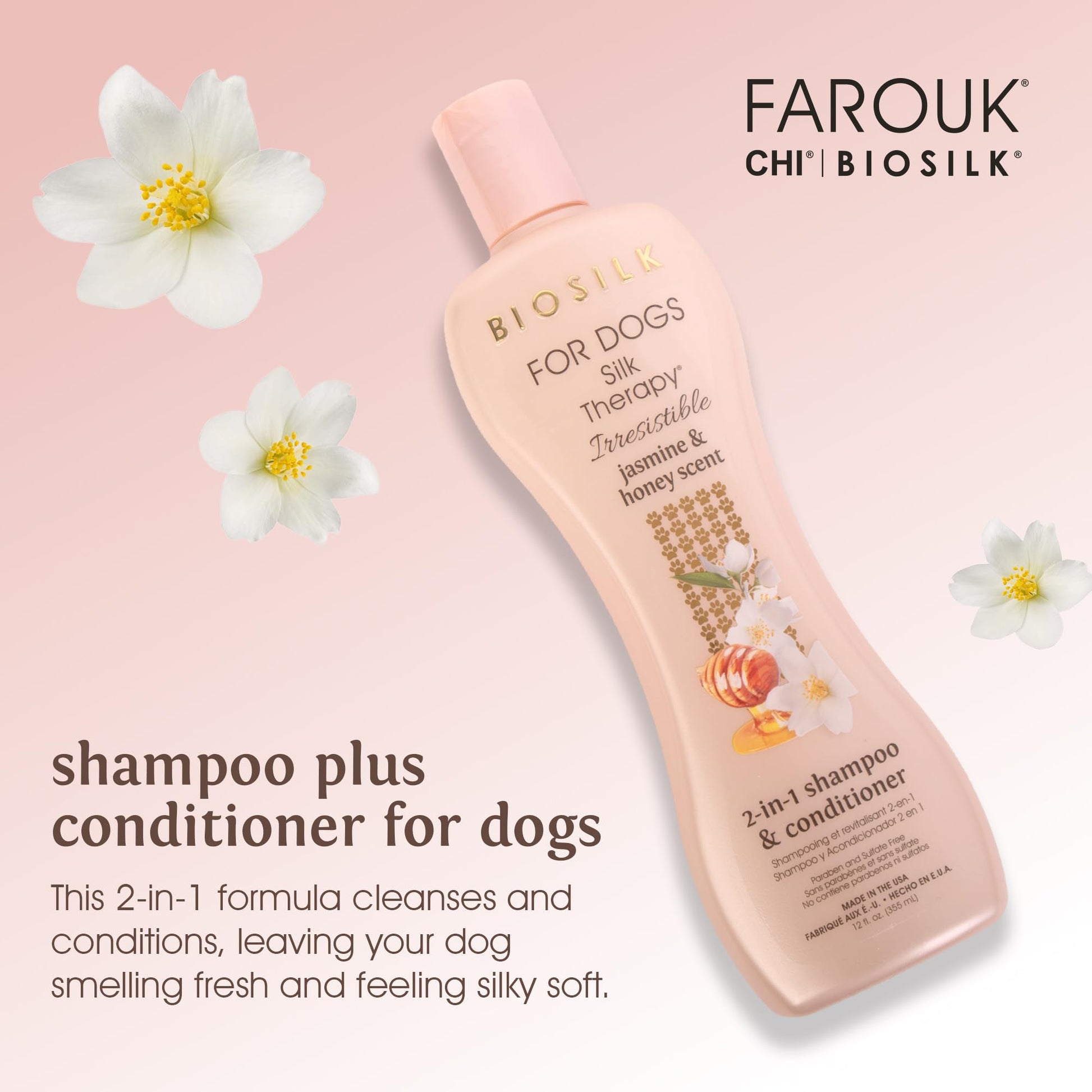 Misty Rose BioSilk for Dogs Silk Therapy Irresistible 2-in-1 Shampoo and Conditioner, Jasmine and Honey Scent, Hydrolyzed Silk Proteins, Paraben Free, pH Balanced for Dogs, Safe 8 Weeks+, 12 fl oz