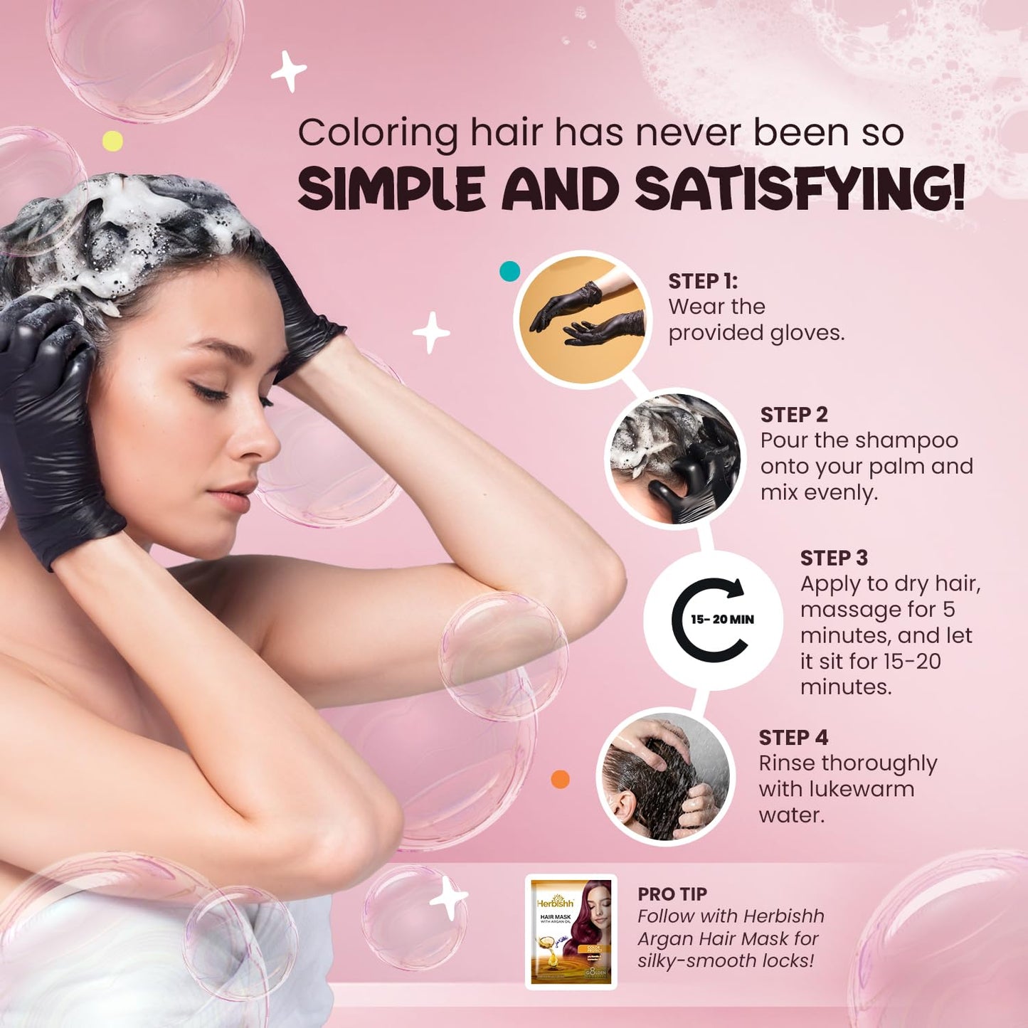 Misty Rose Herbishh Bubble Foam Hair Dye Shampoo, 3 in 1 Dye for 100% Grey Coverage, Permanent & Instant Hair Coloring for Men & Women, Long-lasting & Travel-friendly, Ammonia-free, 10 Sachet x 24 ml (Black)