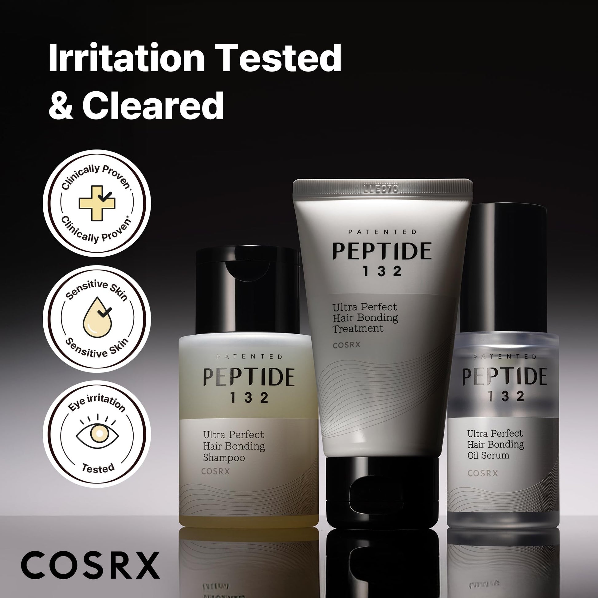 Black COSRX PEPTIDE-132 Hair Bonding Mini Kit – Travel-Size Shampoo & Treatment + Full-Size Oil Serum, Keratin Treatment Hair Gift Set for Damaged, Dry Hair, Scalp Treatment for Dandruff, Dry & Itchy Scalp