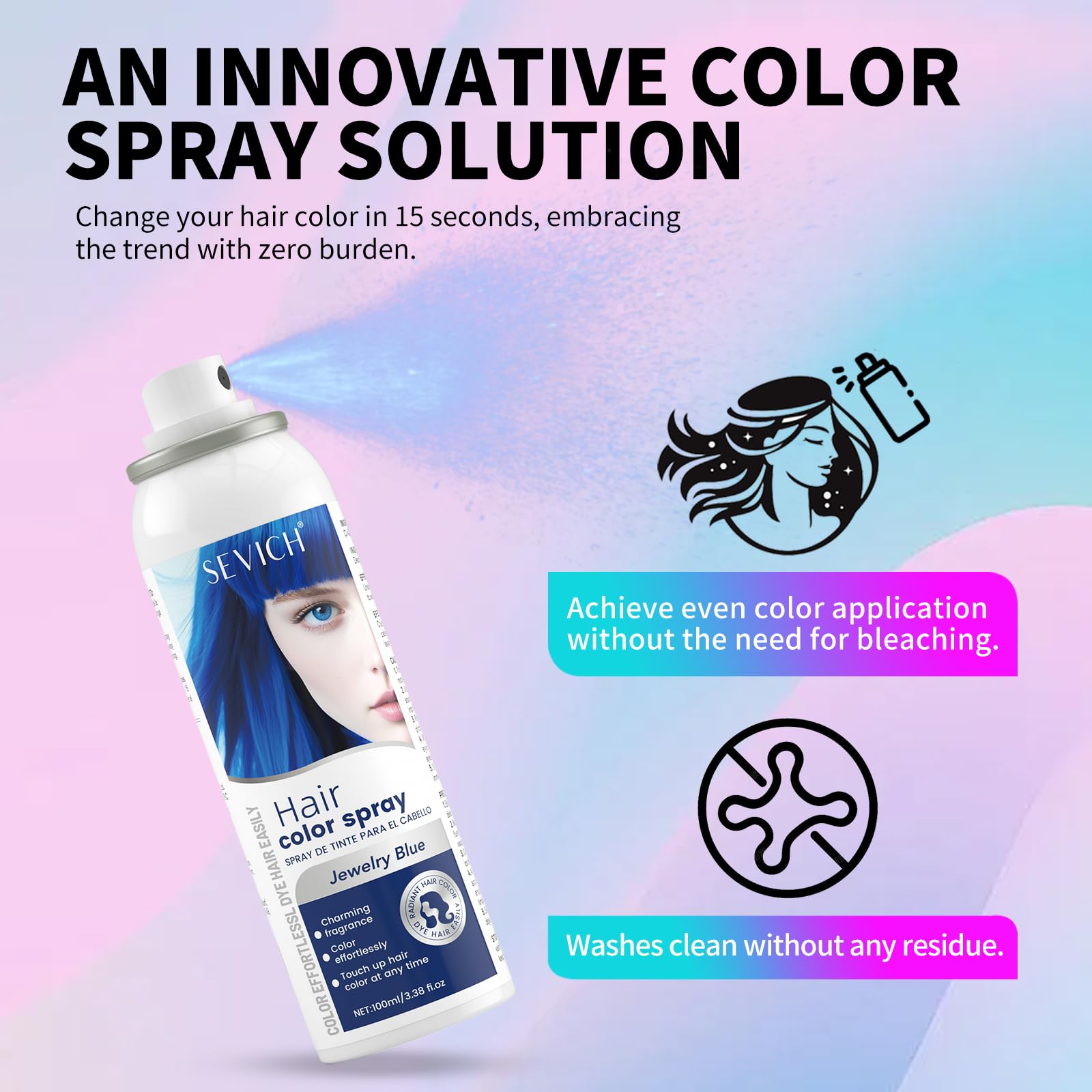 Lavender SEVICH Temporary Hair Color Spray Blue, Instant Hair Color Application, Hair Dye for Men & Women, Natural Looking,Quick Drying, Non-Sticky, Long-Lasting No Fading, 100mL