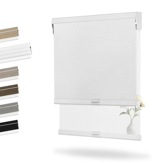 White Smoke Boolegon Dual Roller Shades, Cordless Double Window Shades Blackout and Light Filtering Shades with Valance, Day and Night Roller Blinds for Home Office Door, Linen White & White, Custom Size