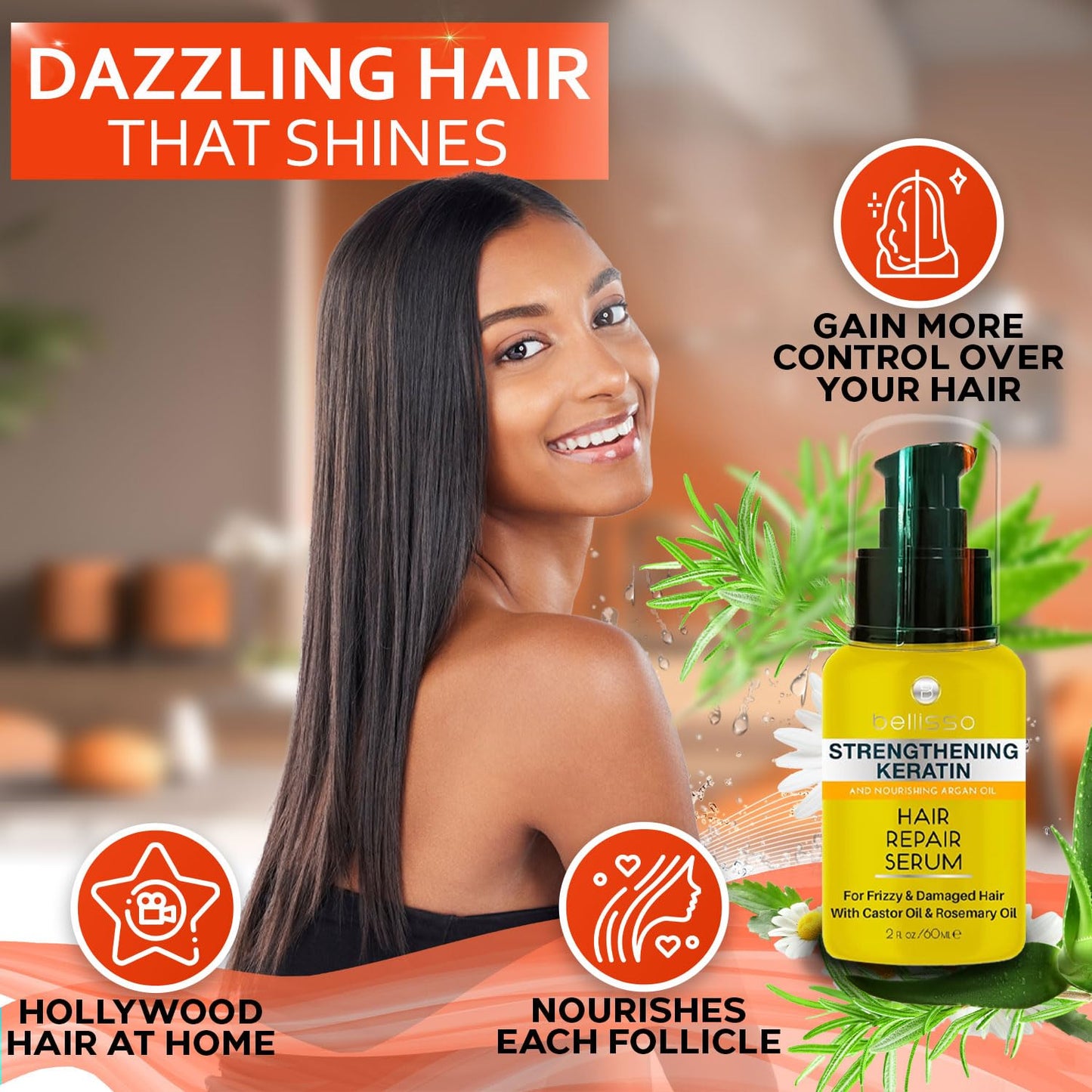 Dim Gray Keratin Hair Serum - Heat Protection Treatment and Anti Frizz Control - Protectant Oil and Straightener for Frizzy and Damaged Split Ends - Smoothing Products for Shine, Advanced Care for Women