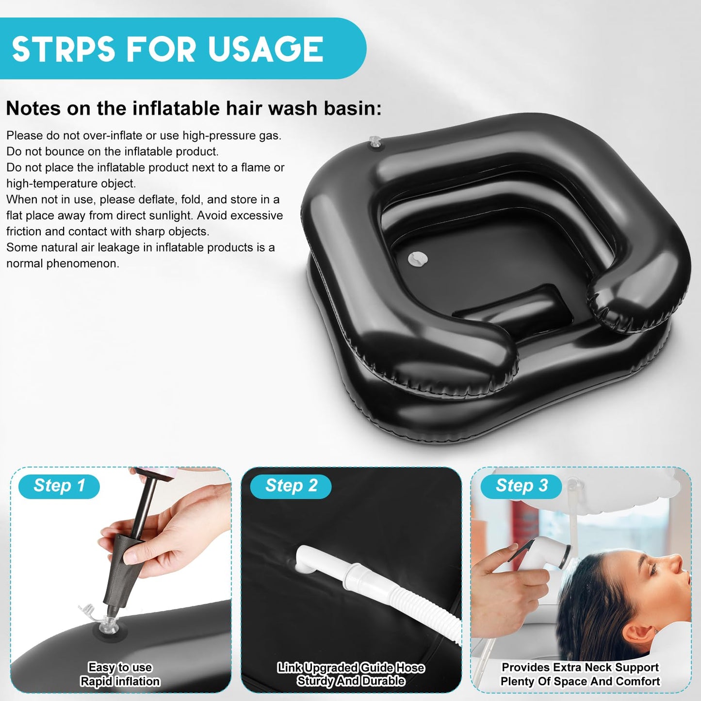 White Smoke Inflatable Shampoo Basin, Loc Detox Tub for Dreads, Shampoo Buddy Bowl for Bedridden, Disabled,Injured with 2.5 GL Portable Water Shower Bag（Black）