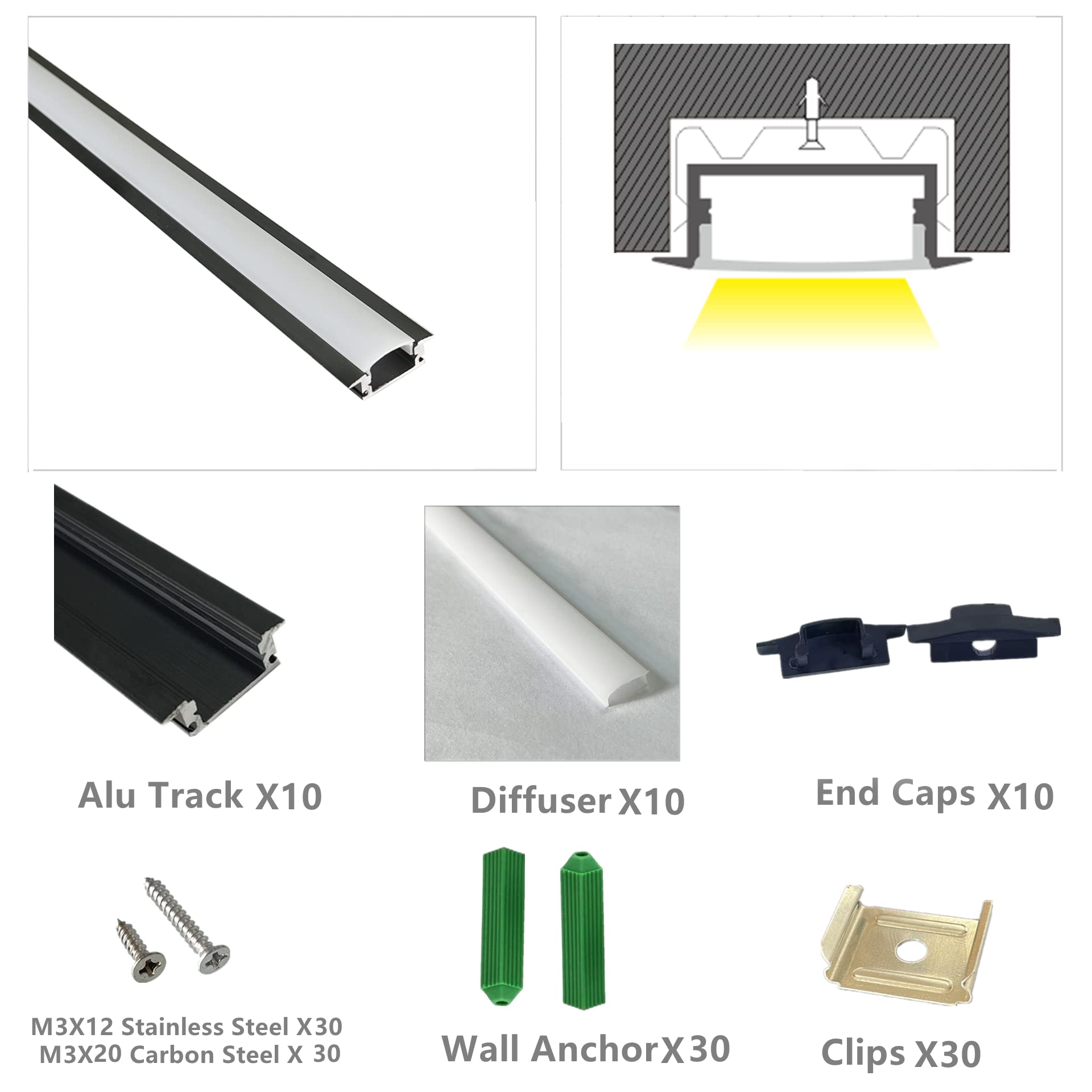 White Smoke THMOOTHER 10-Pack 3.3FT/1M LED Strip Aluminum Channel Diffuser,Collar Shape Tape Light Under Cabinet Floating Shelf Alcove Recessed 25X7MM Matte Black Anodized Track, Milky Cover Concave Slot Profile
