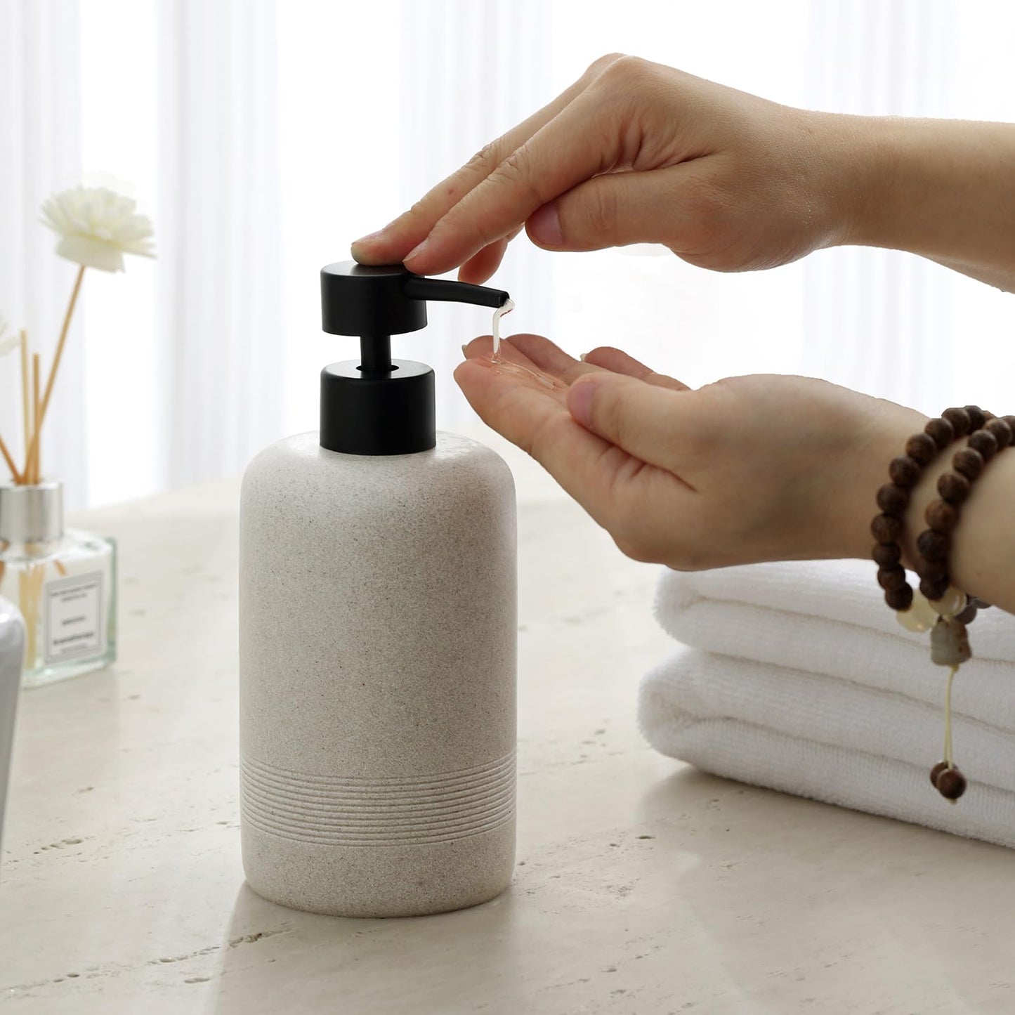 White Smoke Haocoott Soap Dispensers 400ML 13OZ, 2 PCS Hand Dish Lotion Shampoo Lotion Soap Dispenser Jar, Resin Premium Thick Soap Pump Bottles for Kitchen Bathroom Countertop (Beige)