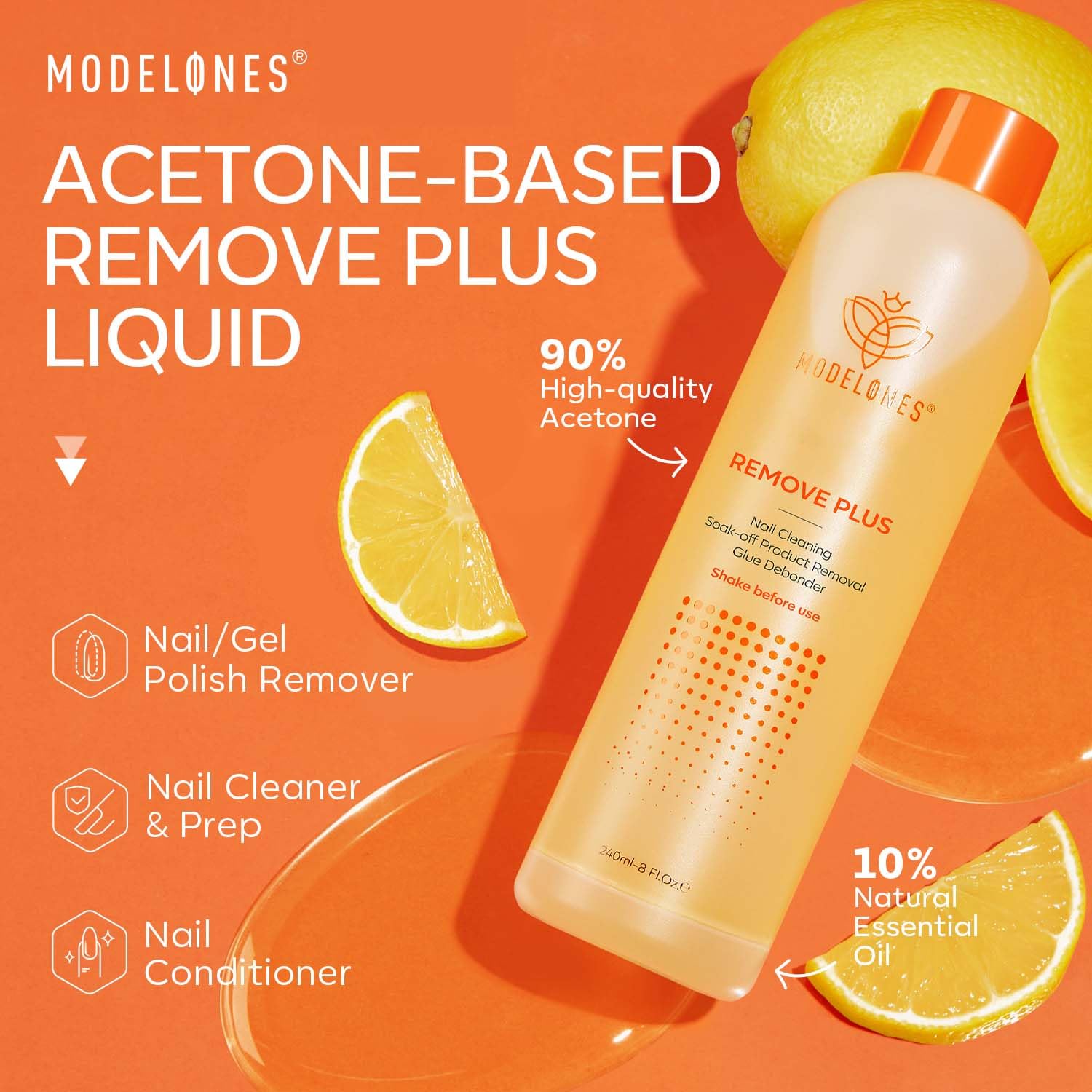 Coral Modelones Acetone Nail Polish Remover, Professional Gel Polish Remover, Nail Glue Remover Natural Formula with Jojoba Oil for Nail Moisturizing & Care, Acrylic Dip Powder Remover(8 FL.Oz.), Lemon