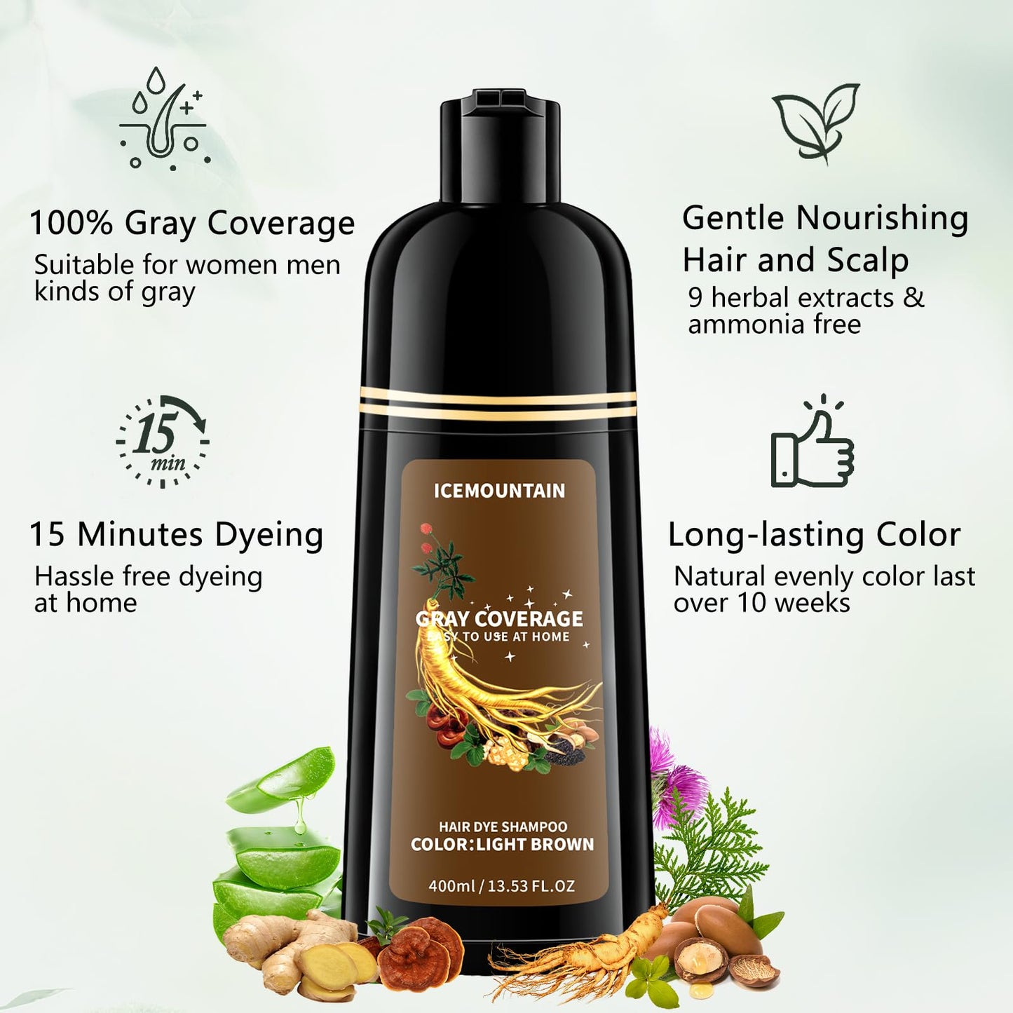 Honeydew Light Brown Hair Dye Shampoo 3 in 1, Instant 100% Gray Hair Coverage Hair Color Shampoo for Women Men with 9 Natural Herbal Ingredients