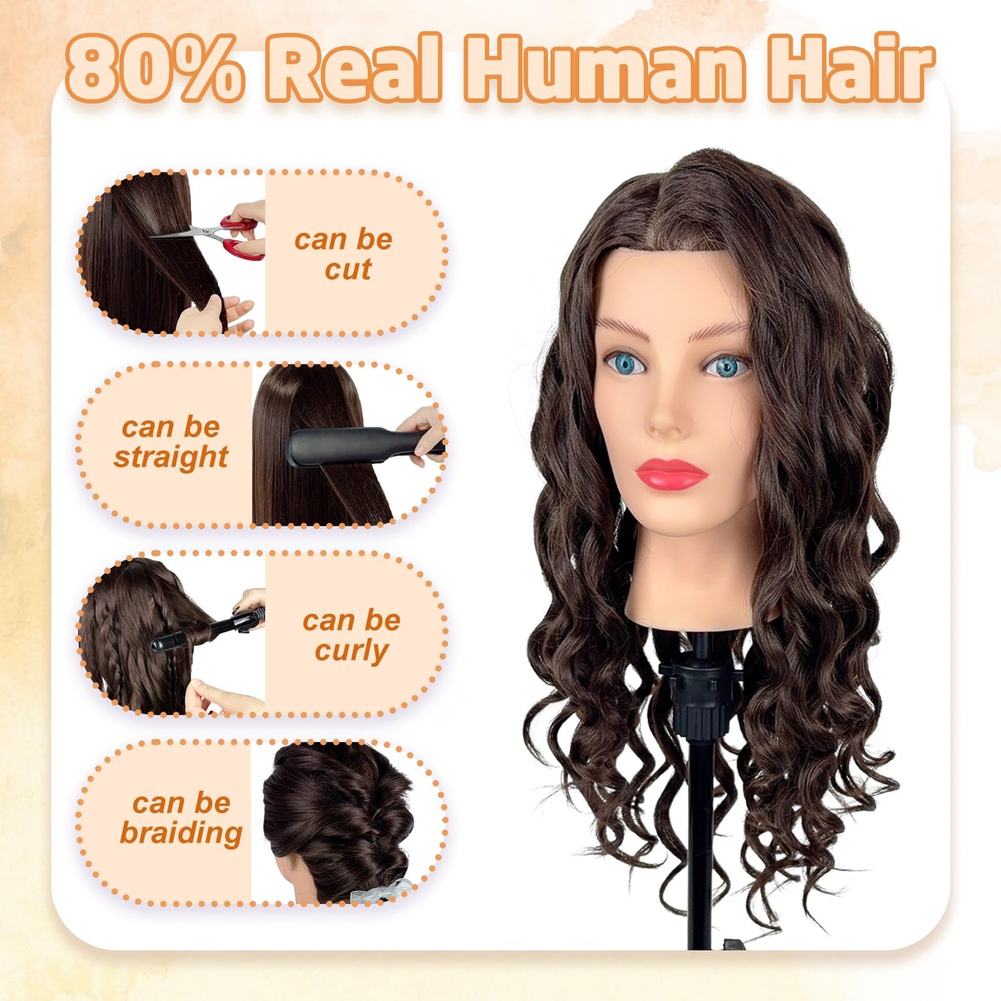 White Smoke Mannequin Head Human Hair- Cosmetology Manikin Doll Head with 80% Real Hair for Hairdresser Practice Styling Braiding & Free Clamp Holder (Black Brown)