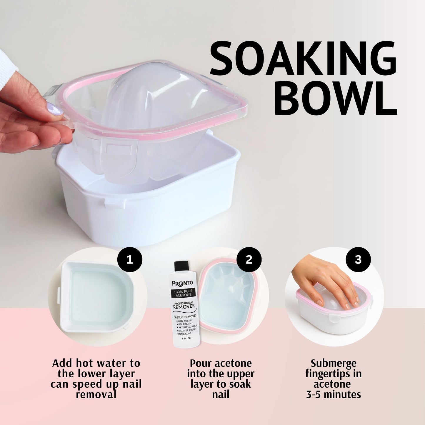 Light Gray Pronto Gel Nail Polish Remover Kit – 8 Oz Pure Acetone 100 Percent, Nail File & Nail Polish Soak Off Bowl for Nail Care + Manicure Set with Nail Buffer Block, Cuticle Pusher & Nail scraper