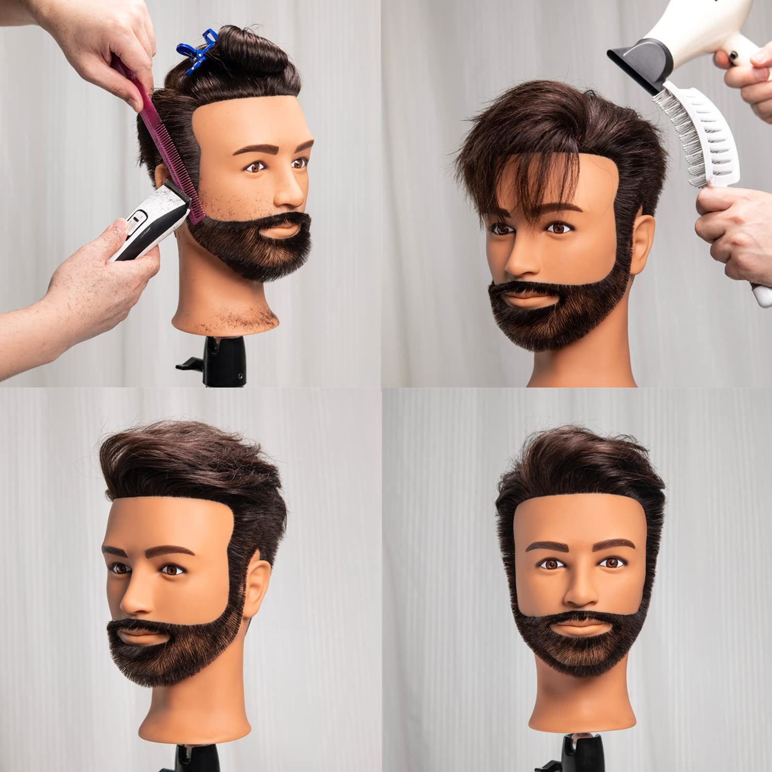 Gray Hairingrid Male Mannequin Head 100% Human Hair Hairdresser Cosmetology Mannequin Manikin Training Head Hair and Free Clamp Holder (R72001LB0210AH)