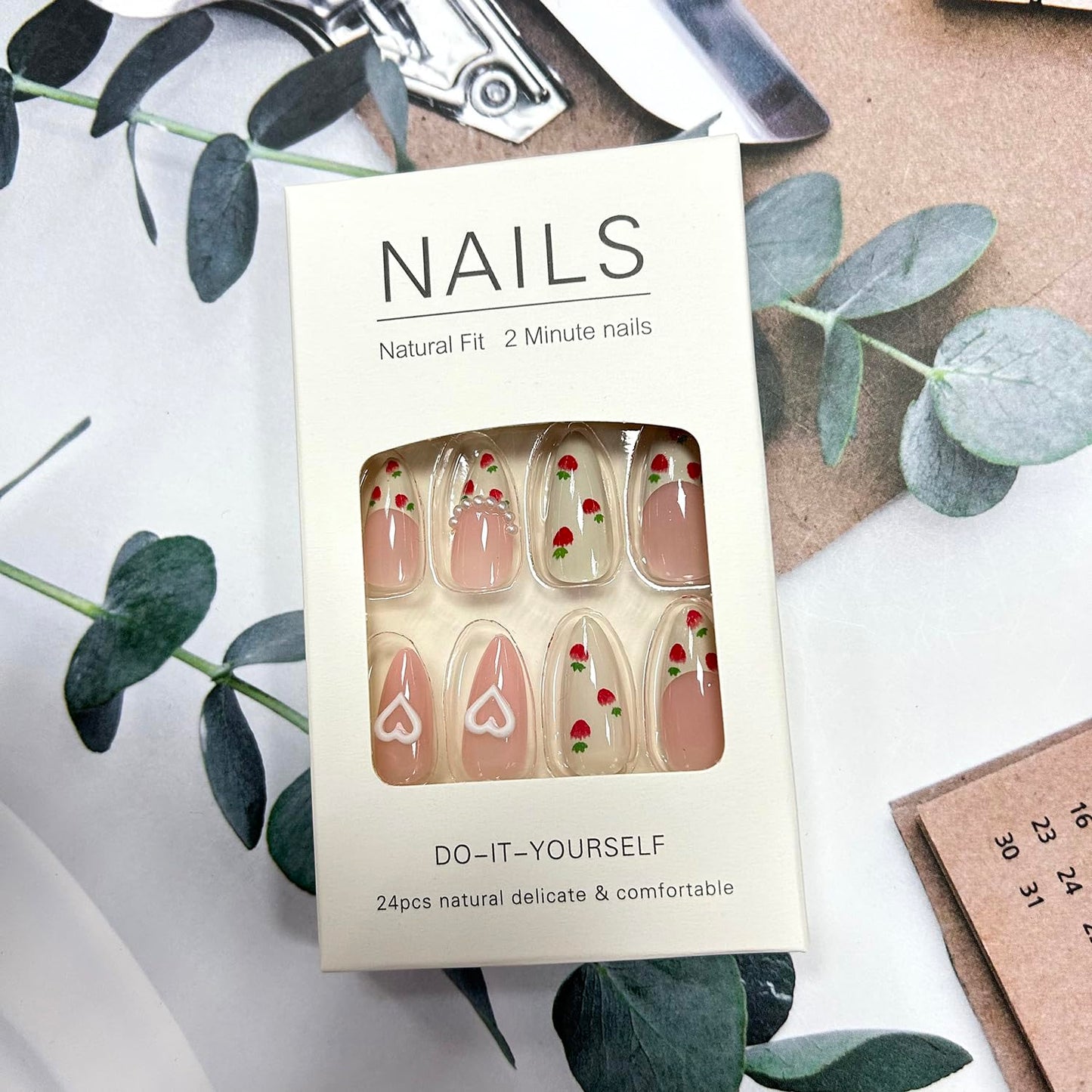 White Smoke Press On Alcove - Cute Strawberry 3D Love Heart & Pearl Design False Nails: Medium Almond, Artificial Acrylic, Full Coverage, Reusable Coffin, Glue On Nails for Women