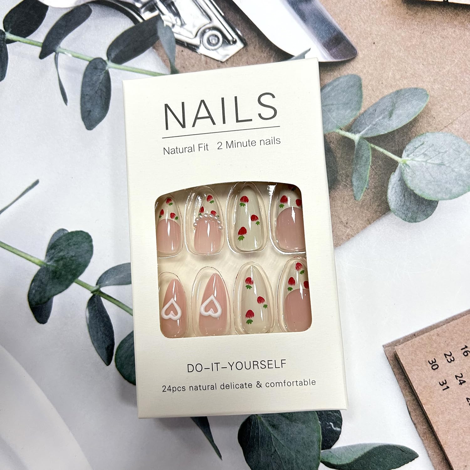 White Smoke Press On Alcove - Cute Strawberry 3D Love Heart & Pearl Design False Nails: Medium Almond, Artificial Acrylic, Full Coverage, Reusable Coffin, Glue On Nails for Women