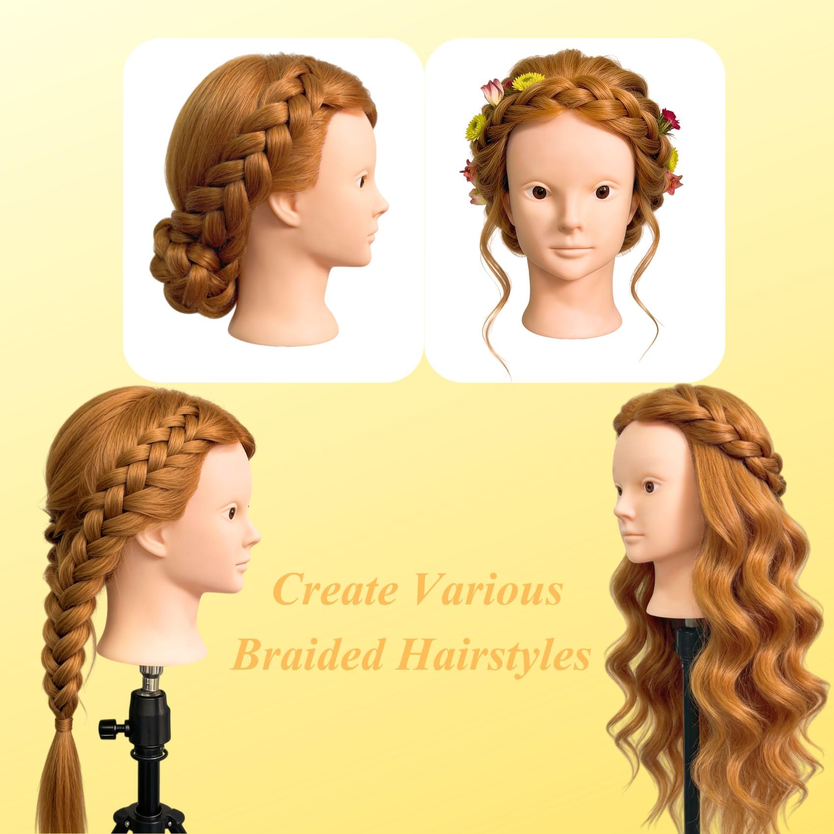 Khaki Makeup Mannequin Head with 80% Light Auburn Real Hair, Practice Hair Mannequin Head for Hair Styling, 28" Cosmetology Training Doll Head for Kids