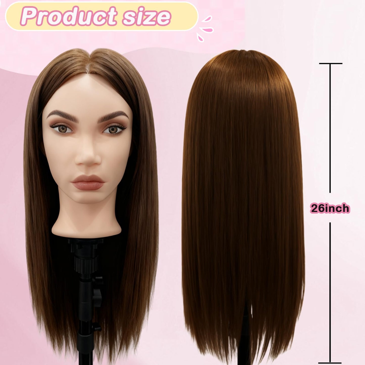 Black Mannequin Head with 80% Real Human Hair, Beauty star 26" Cosmetology Manikin Head, Doll Head for Hair Styling to Practice on, Hairdressing Training Braiding Heads with Clamp Stand Holder Kit