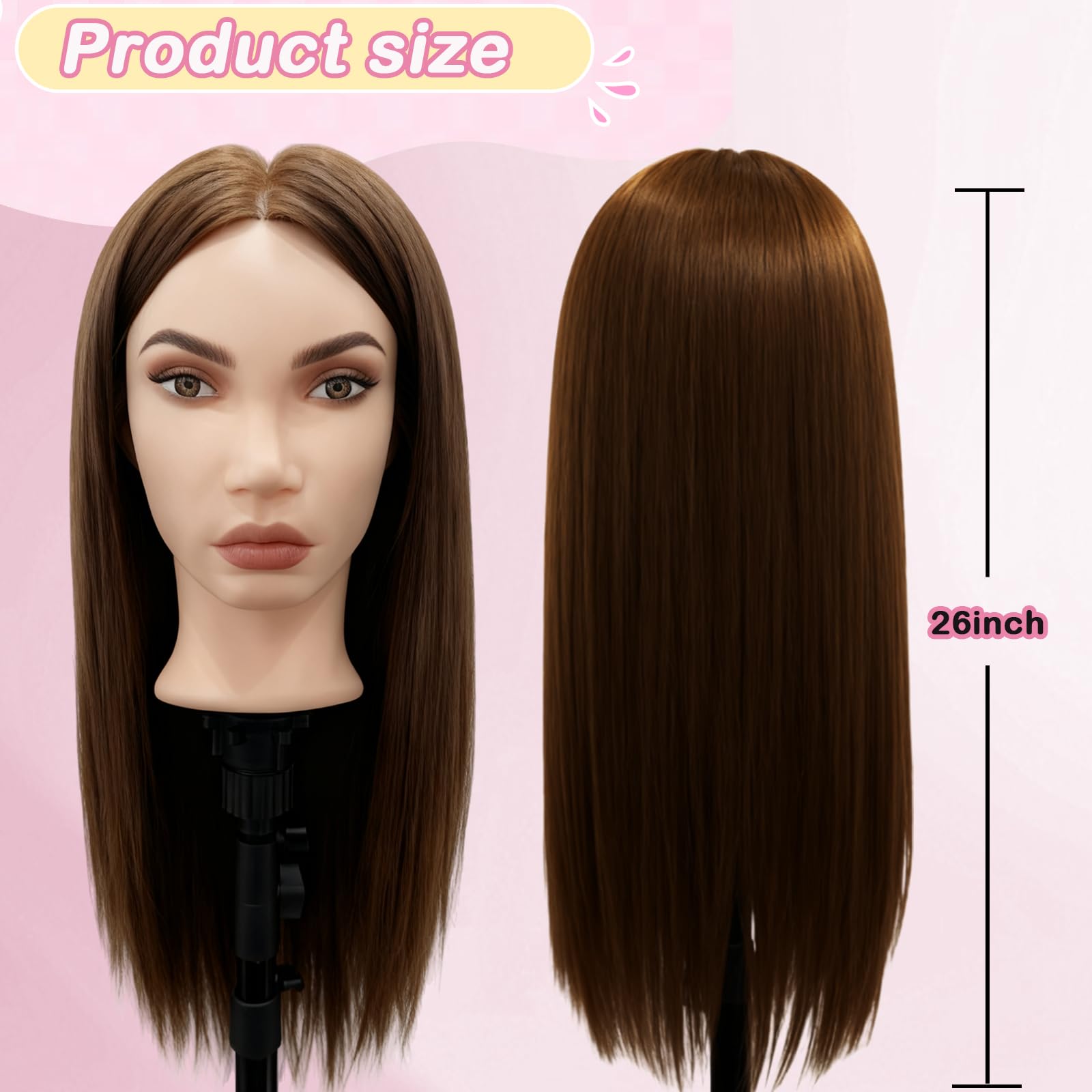 Black Mannequin Head with 80% Real Human Hair, Beauty star 26" Cosmetology Manikin Head, Doll Head for Hair Styling to Practice on, Hairdressing Training Braiding Heads with Clamp Stand Holder Kit