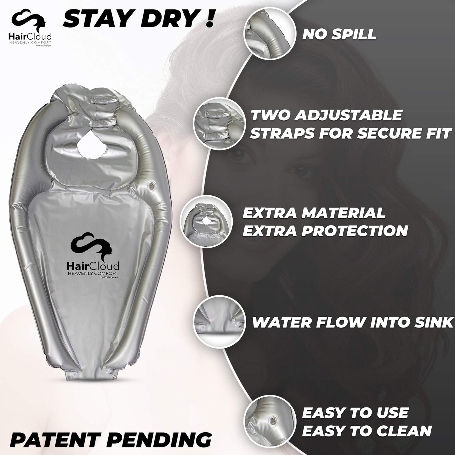 White Smoke Inflatable Hair Washing Funnel for Shampooing Hair in Any Chair and Basin. Portable Tray Device to Use at Home, in Salon, Nursing Home or Hospital Cape to Help Keep Clothes Dry Pump Included!