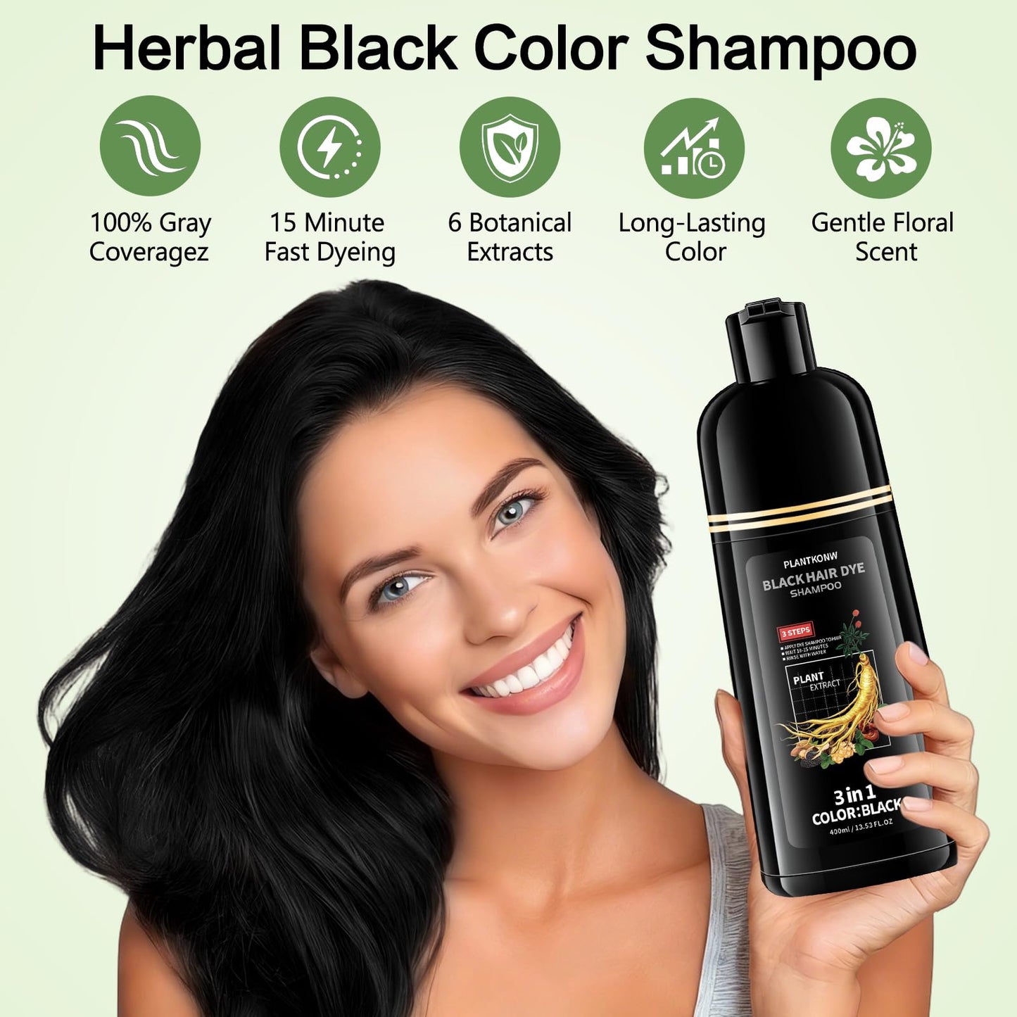 Black Plantkonw Black Hair Dye Shampoo, 3 In 1 Semi Permanent Hair Color Shampoo for Gray Coverage, Natural Hair Dye for Women & Men, Ammonia & Paraben Free
