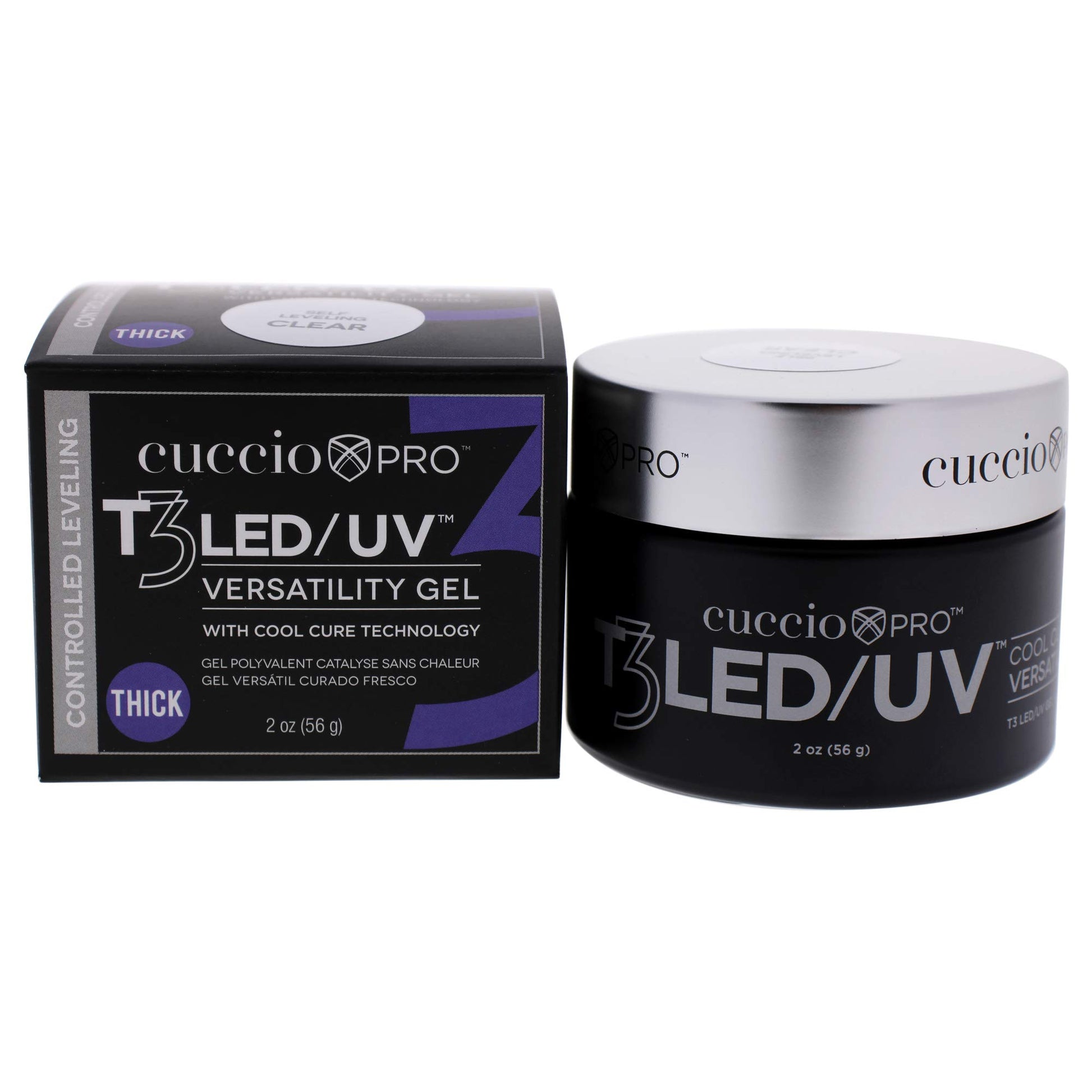 Black Cuccio Pro T3 LED/UV Cool Cure Versatility Gel - Controlled Levelling - Incredibly Flexible - Strong Adhesion - Thick Viscosity - Fast Application - Quick Cure - Clear - 2 Oz Nail Gel