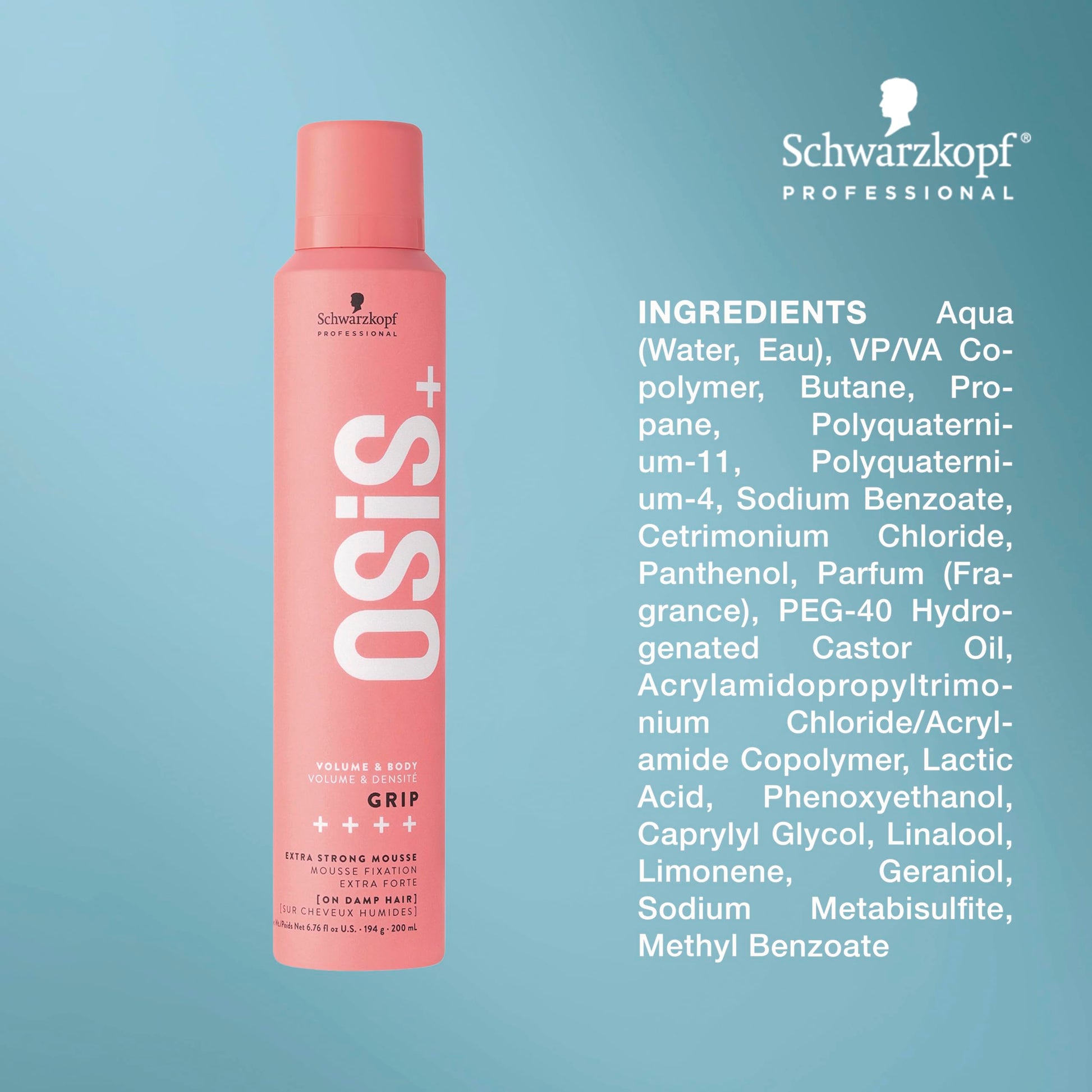 Light Steel Blue OSiS+ Grip Extreme Hold Mousse – Extra Strong Control and Volume with Lasting Definition and Natural Shine – Volumizing, Vegan Formula with Heat Protection, 6.76 oz