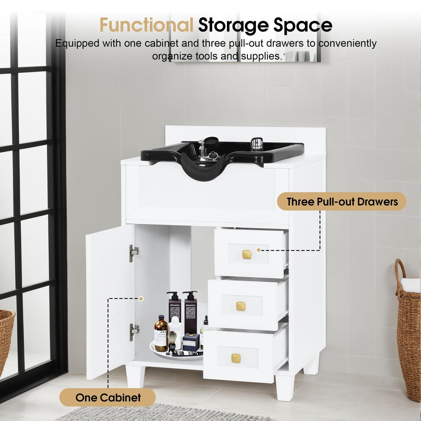 Gray BarberPub Barber Storage Shampoo Station, Spa Textured Embossed Cabinet with Shampoo bowl & Drawers, Hair Salon Sink Backwash Equipment 7131 (White)