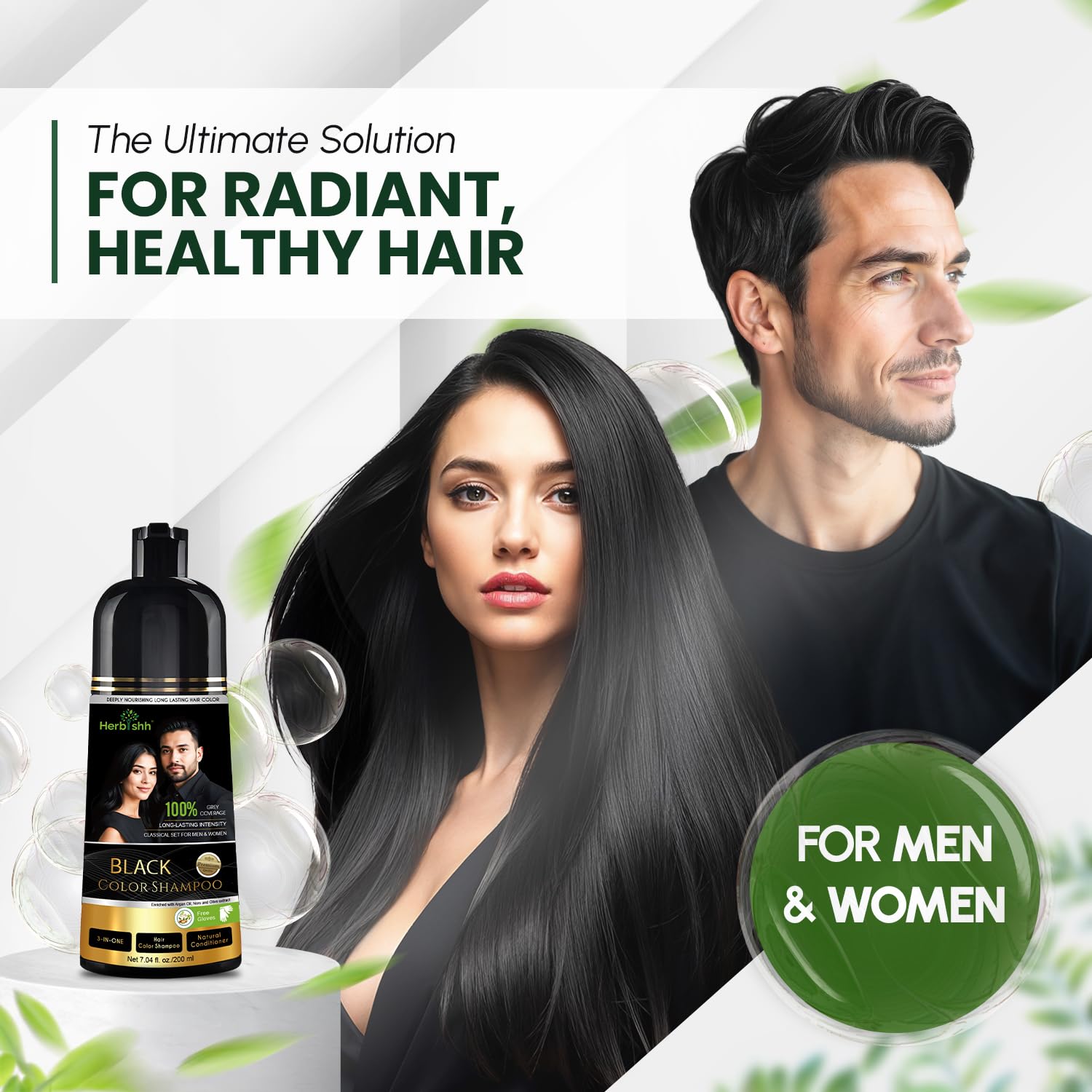 White Smoke Herbishh Black Shampoo, Hair Dye Shampoo 3 in 1, 100% Grey Coverage, Demi-Permanent Hair Color for Men & Women, Long-lasting Color in 5-15 Mins, Ammonia-free, 200 ml