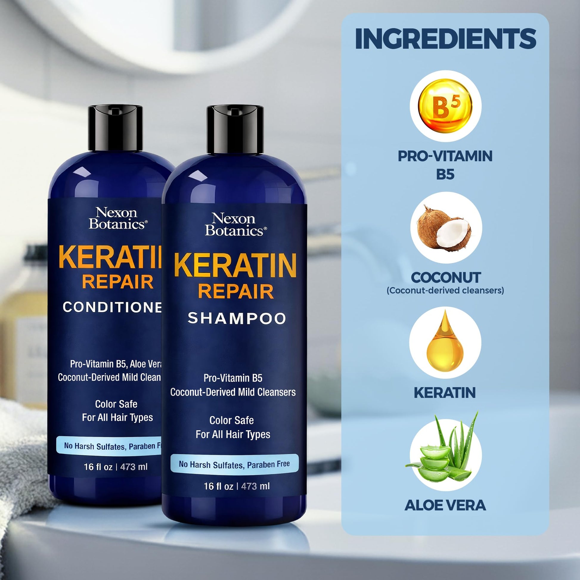 Light Steel Blue Keratin Shampoo and Conditioner Set 16 fl oz Each - Strengthening & Smoothing Care for Dry, Damaged, Frizzy or Keratin-Treated Hair - Color Protecting - Champu Cabello con Keratina - Nexon Botanics