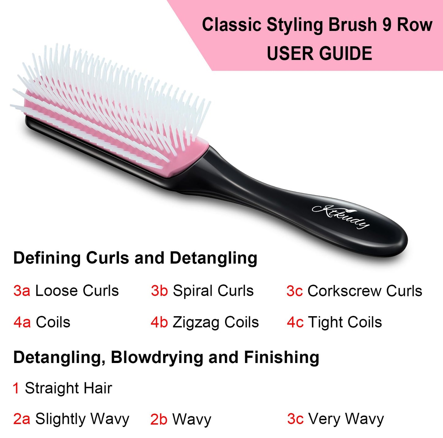 White Smoke KTKUDY 9 Row Defining Brush for Shaping and Finishing Curls - Detangling Blow-Drying Brush for Thick, Wavy or Coily Hair (Black&Pink)