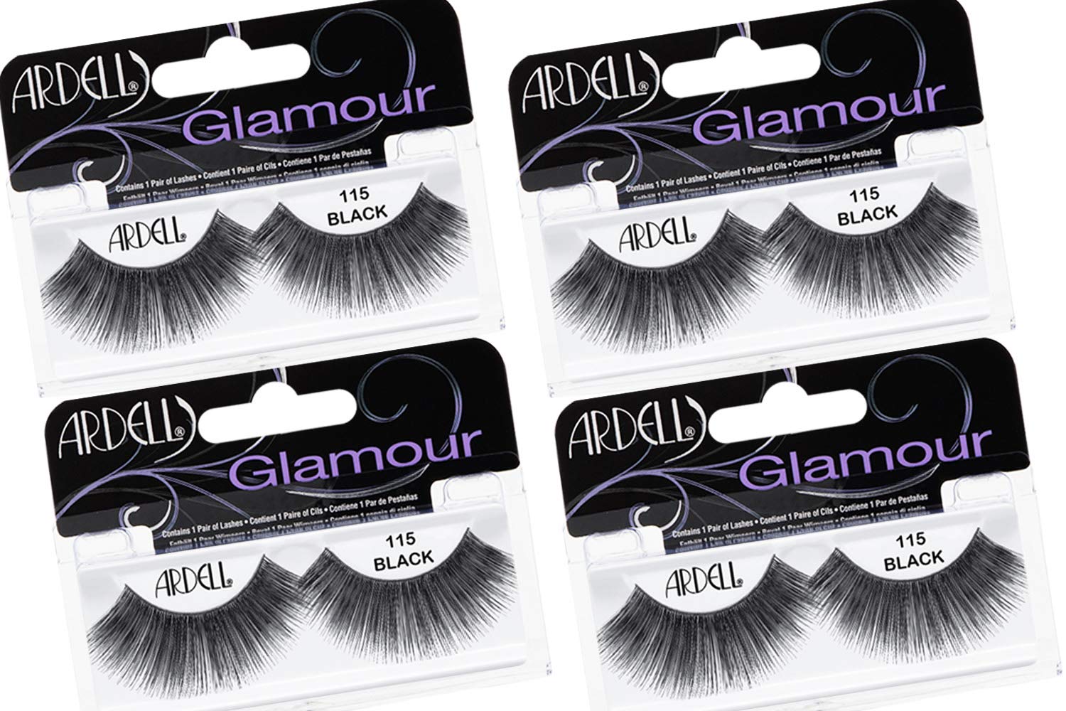 White Smoke Ardell False Eyelashes Glamour Strip Lashes 115 - Black, Full Volume and Rounded Lash, Reusable Fake Eyelashes for Any Special Occasions, 4-Packs