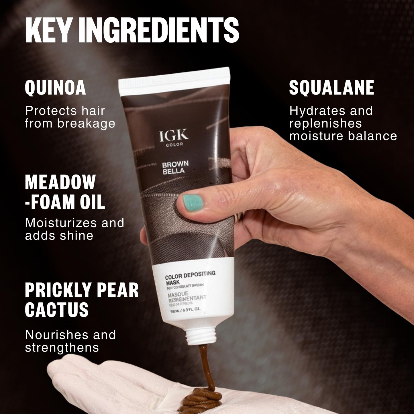 Black IGK Brown Bella Color Depositing Hair Mask | Chocolate Brown Semi Permanent Hair Color Conditioner + Gloss Toner | Hydrating Formula Adds Shine + Refreshes Color | Vegan + Cruelty Free | 6 oz