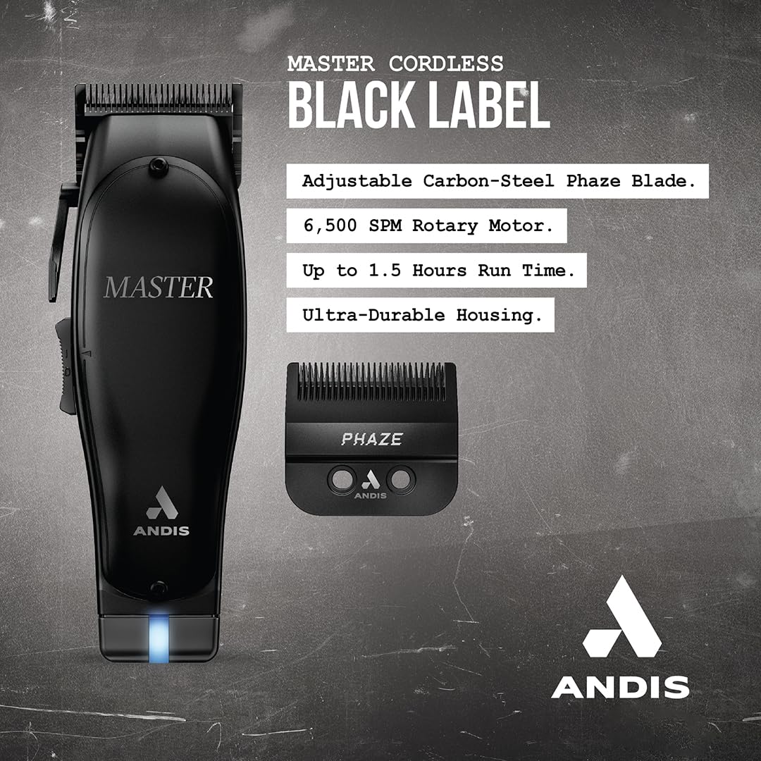 Dark Slate Gray Andis Black Label MLC Professional Master Cordless Lithium-Ion Hair Clipper, Adjustable Carbon Steel Blade for Close Cutting, Black