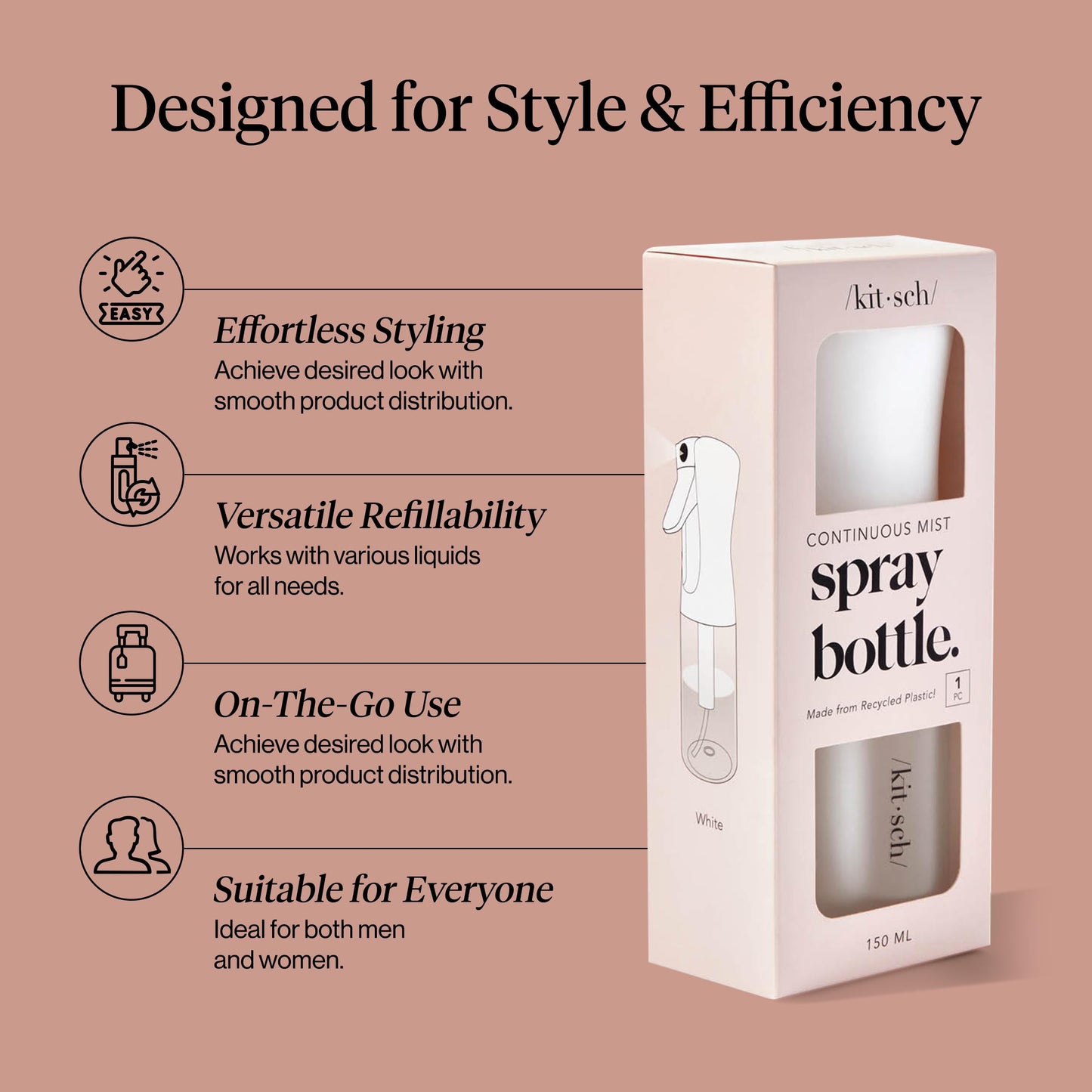Rosy Brown Kitsch Continuous Spray Bottle for Hair – Fine Mist Water Mister & Water Spray Bottle – Recycled Hair Spray Bottle – Spray Bottles for Cleaning, Styling, Plants & More – White, 150ml