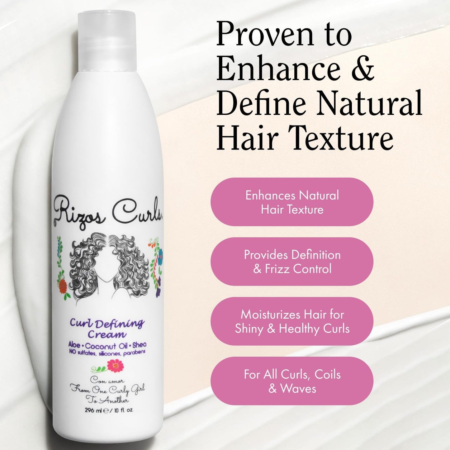 Lavender Rizos Curls Curl Defining Cream for Wavy, Curly, Coily Hair – Frizz Control, Defines, Softens, Moisturizes, Adds Shine for 1a–4c Hair Types – Sulfate & Paraben