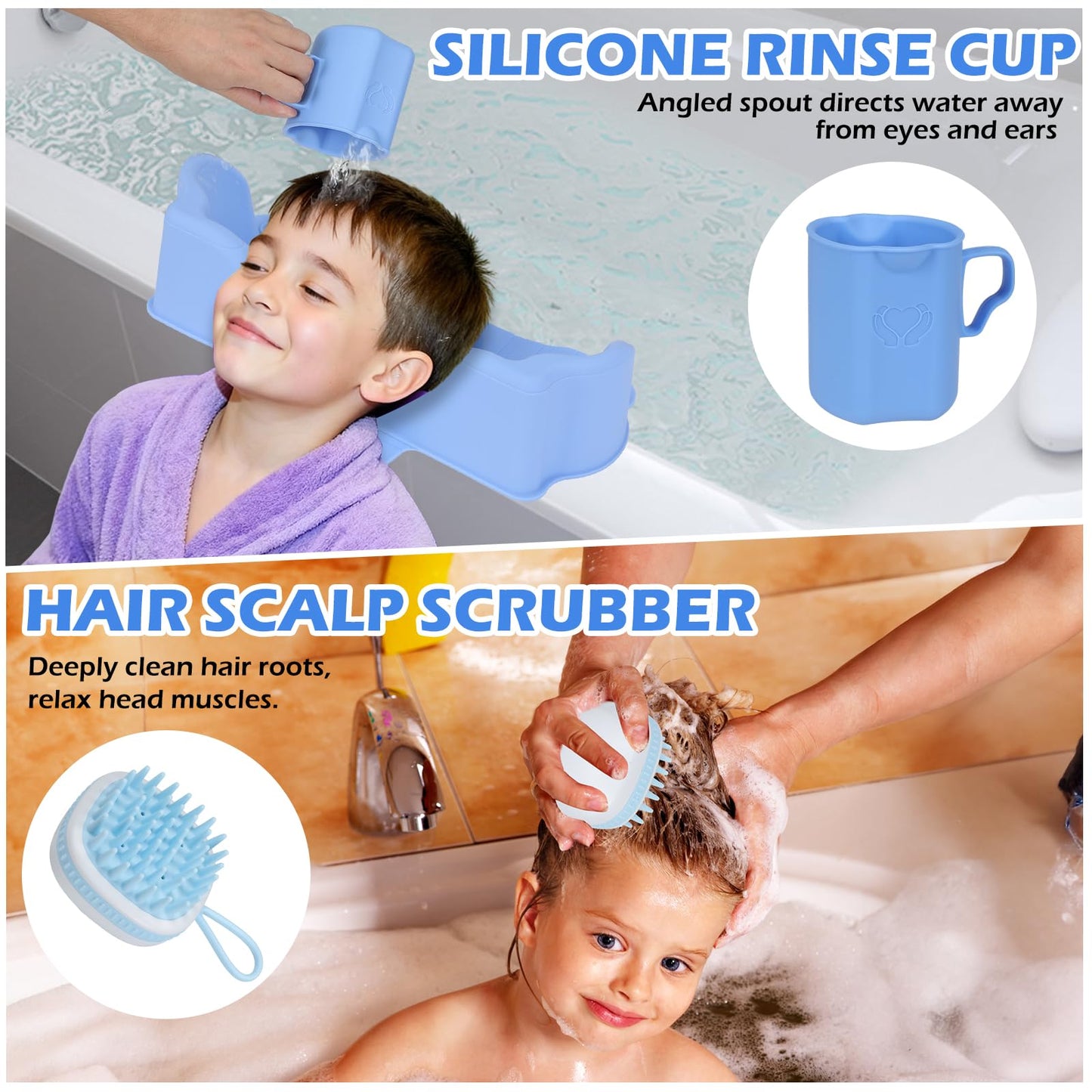 Gray Jhua Portable Hair Washing Station for Kids Sink Bathtub Hair Washing Basin, Silicone Tear-Free Shampoo Bowl Wash Basin with Rinser Cup, Scalp Massager, Neck Support for Children Kids Teens Seniors