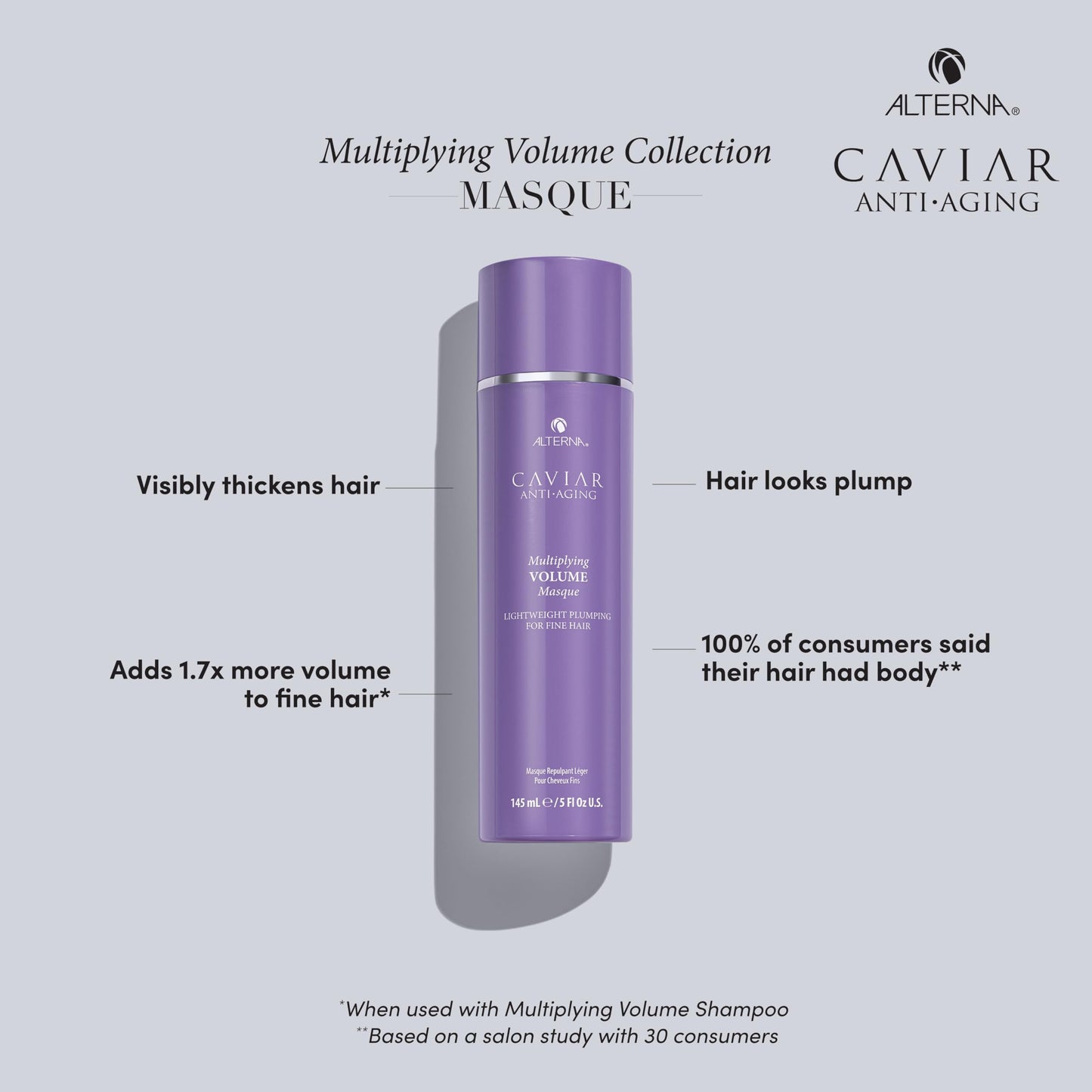 Light Gray Alterna CAVIAR Anti-Aging Multiplying Volume Masque 5 Fl Oz | Lightweight Hydrating Hair Volumizer Mask for Fine, Thin, Limp or Flat Hair | Adds Shine & Body | Strengthens, Detangles & Boosts Fullness