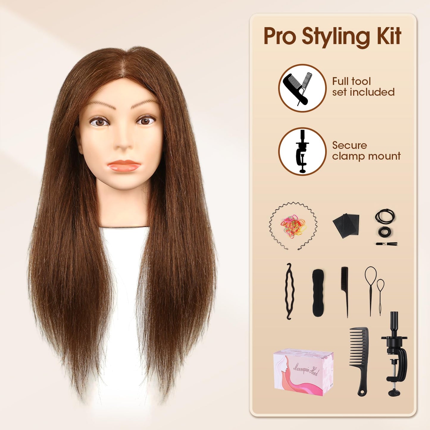 Misty Rose 18 Inch 100% Real Human Hair Mannequin Head, Cosmetology Manikin Head Training Doll Head for Hair Styling, Braiding, Curling Practice, with Table Clamp Holder & Complete Styling Tools Kit(Brown)