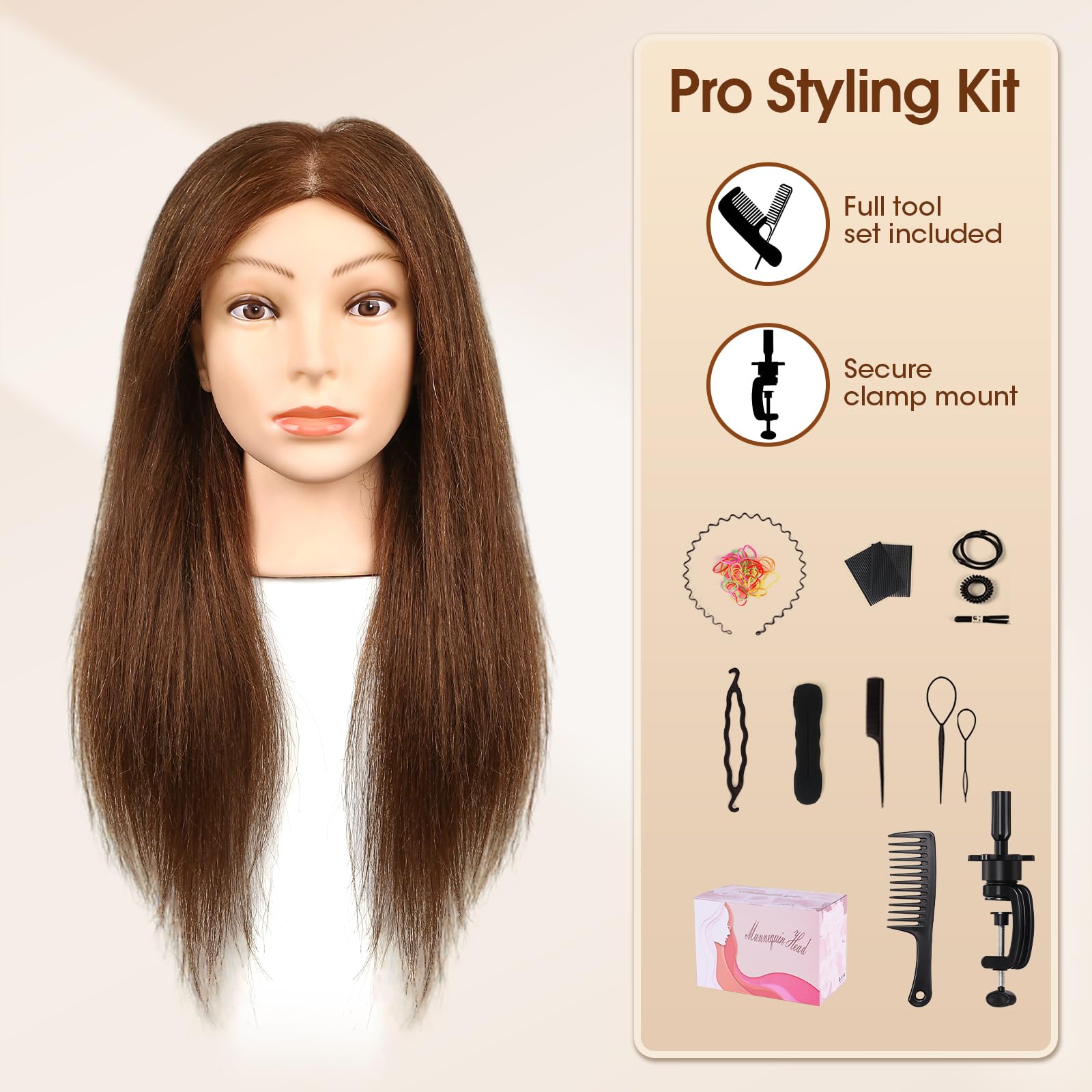 Misty Rose 18 Inch 100% Real Human Hair Mannequin Head, Cosmetology Manikin Head Training Doll Head for Hair Styling, Braiding, Curling Practice, with Table Clamp Holder & Complete Styling Tools Kit(Brown)