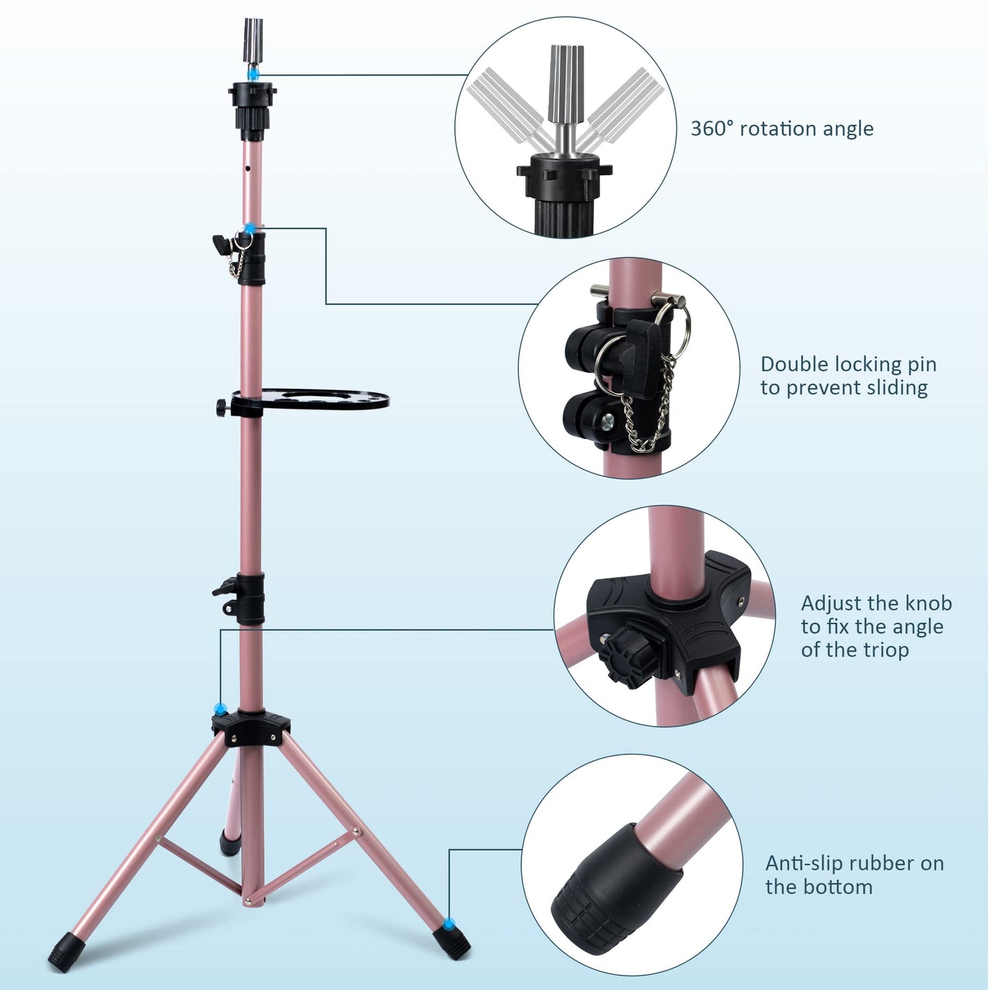 White Smoke Klvied Wig Stand Tripod Upgraded, Mannequin Head Stand Double Locking, Reinforced Metal Wig Head Stand with Tool Tray, Rose Gold (53.5 Inches)