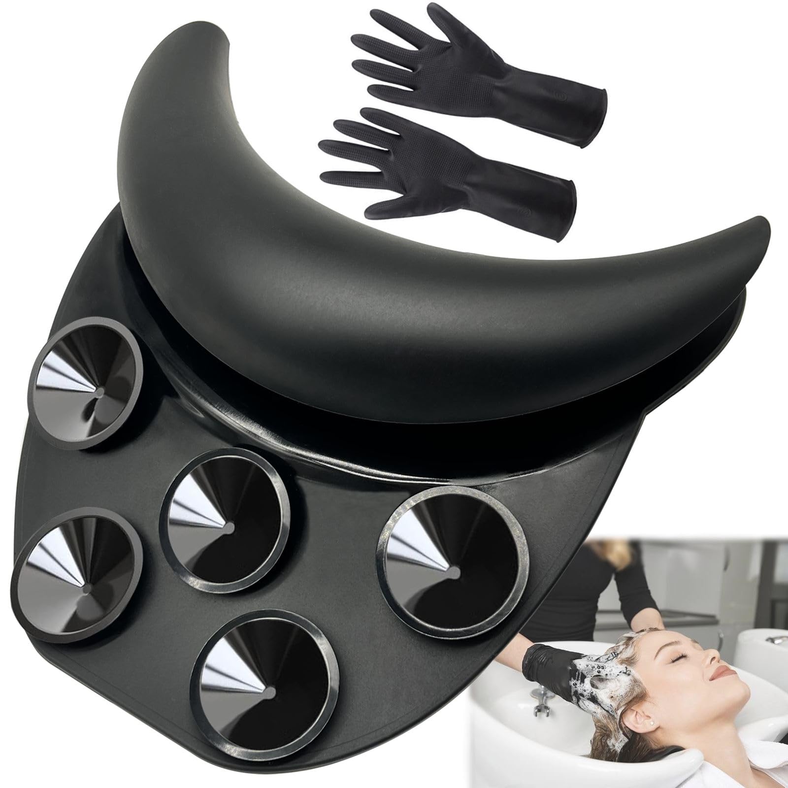 White Smoke Shampoo Bowl Neck Rest for Sink, Silicone Neck Rest Cushion with Suction Cup, Non-Slip Hair Washing Sink Neck Support for Wash Basin with Hair Dye Gloves