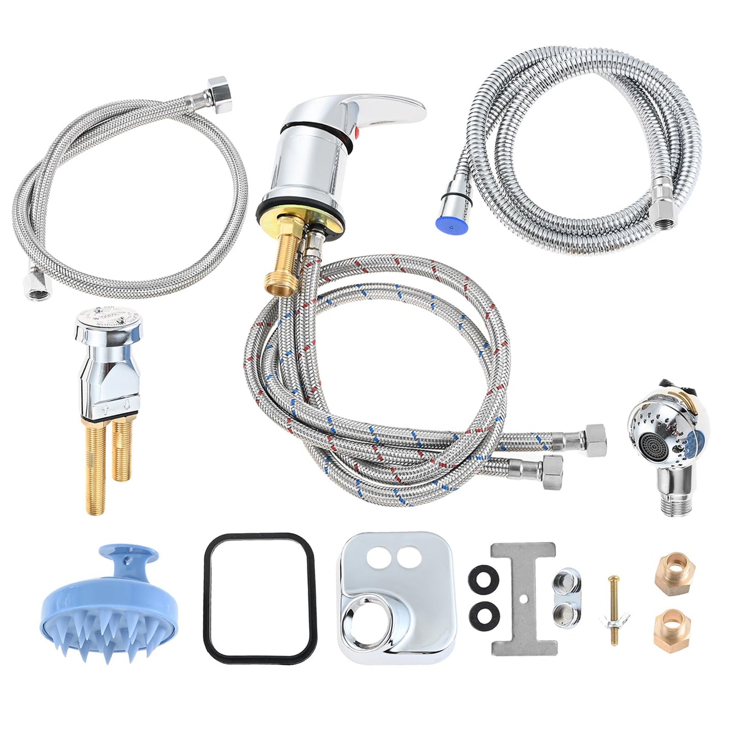 White Smoke Salon Shampoo Bowl Vacuum Breaker Kit & 1/4" Shampoo Bowl Sprayer Hose Kit with Hair Brush - Hair Salon Sink Sprayer Hose Replacement Set for Sink Shampoo Bed (11 Pcs)