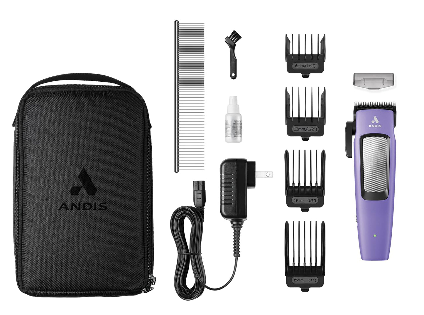 White Smoke Andis Easy Clip Adjustable Blade Cordless II Dog Clipper, 10 Piece Kit, Lithium-Ion Battery, Purple, 560017