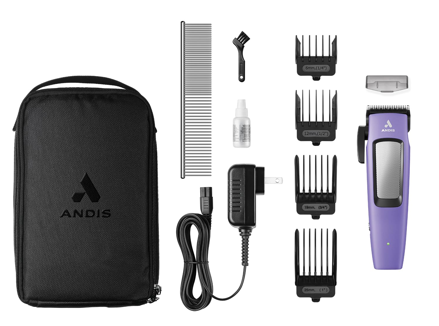 White Smoke Andis Easy Clip Adjustable Blade Cordless II Dog Clipper, 10 Piece Kit, Lithium-Ion Battery, Purple, 560017