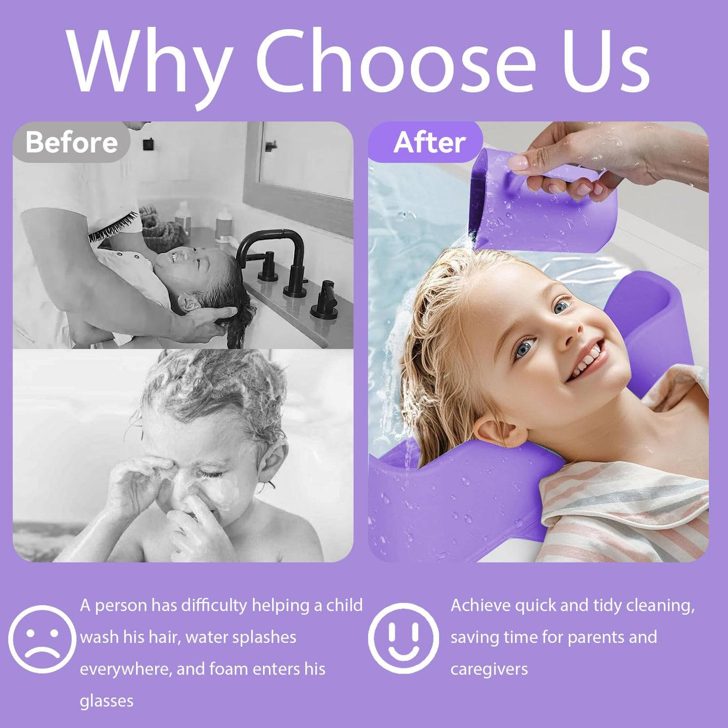 Medium Purple Vurlexat Portable Hair Washing Station for Kids, Silicone Hair Wash Basin with Suction Rinse Cup, Tear-Free Shampoo Bowl with Absorbent Towel and Shampoo Massage Brush for Sink or Bathtub(Purple)